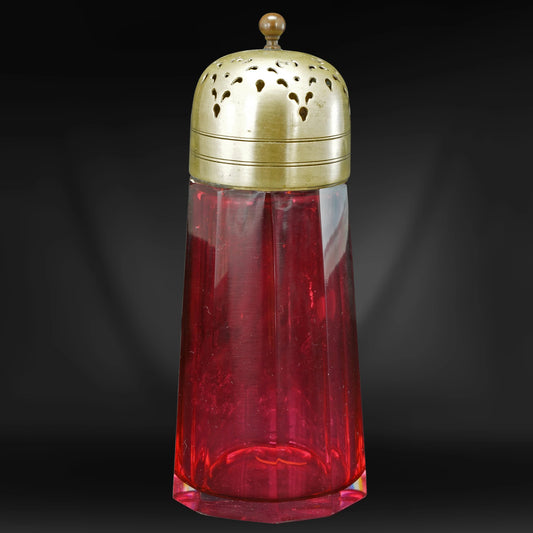 Victorian English Cranberry Glass and Brass Sugar Shaker 19th Century - Bear and Raven Antiques