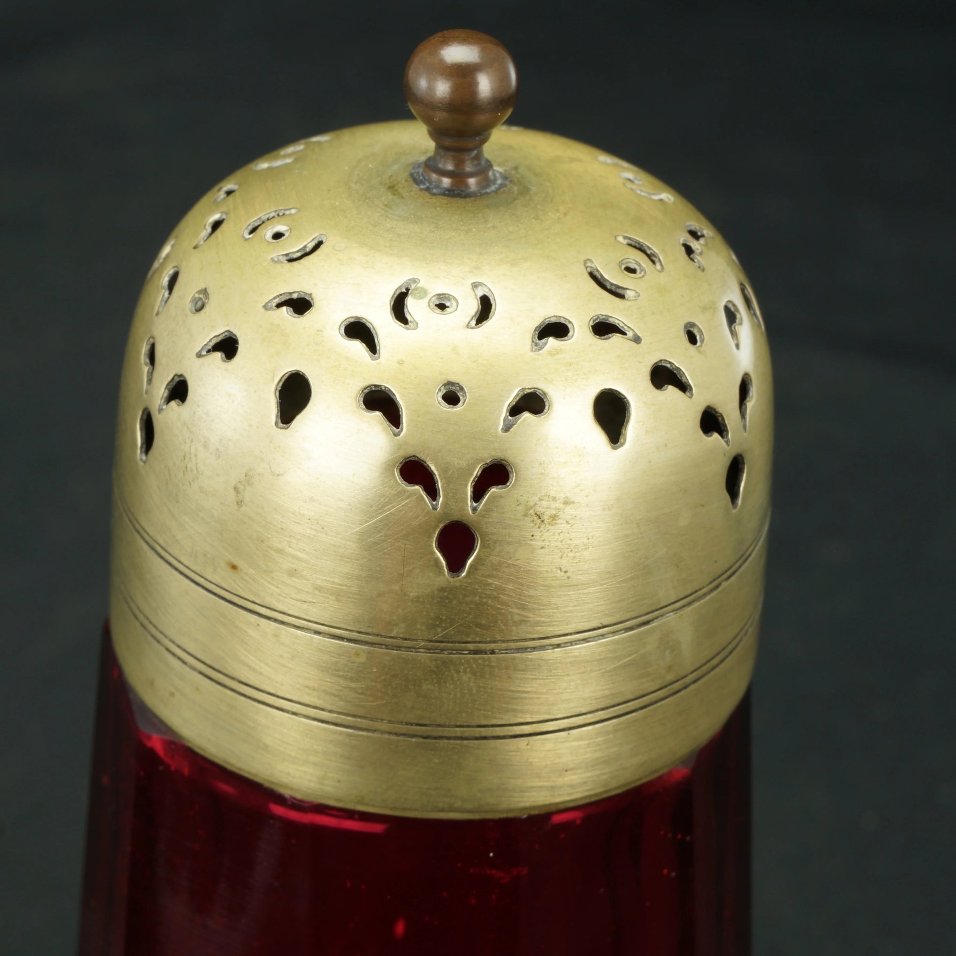Victorian English Cranberry Glass and Brass Sugar Shaker 19th Century - Bear and Raven Antiques