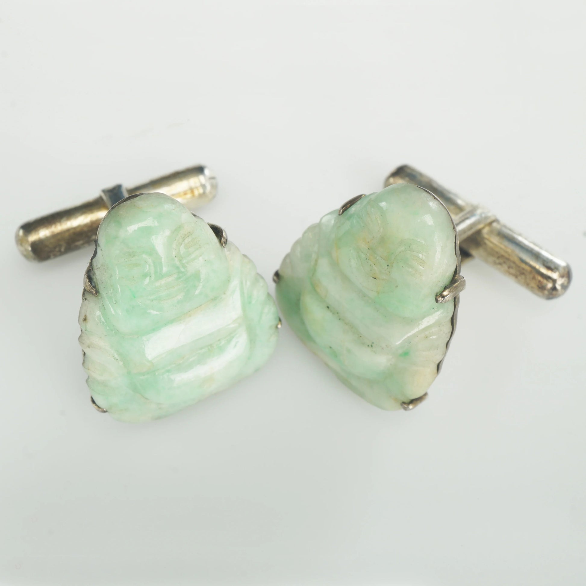 Vintage Chinese Carved Jadeite Happy Buddha Cufflinks - Bear and Raven Antiques