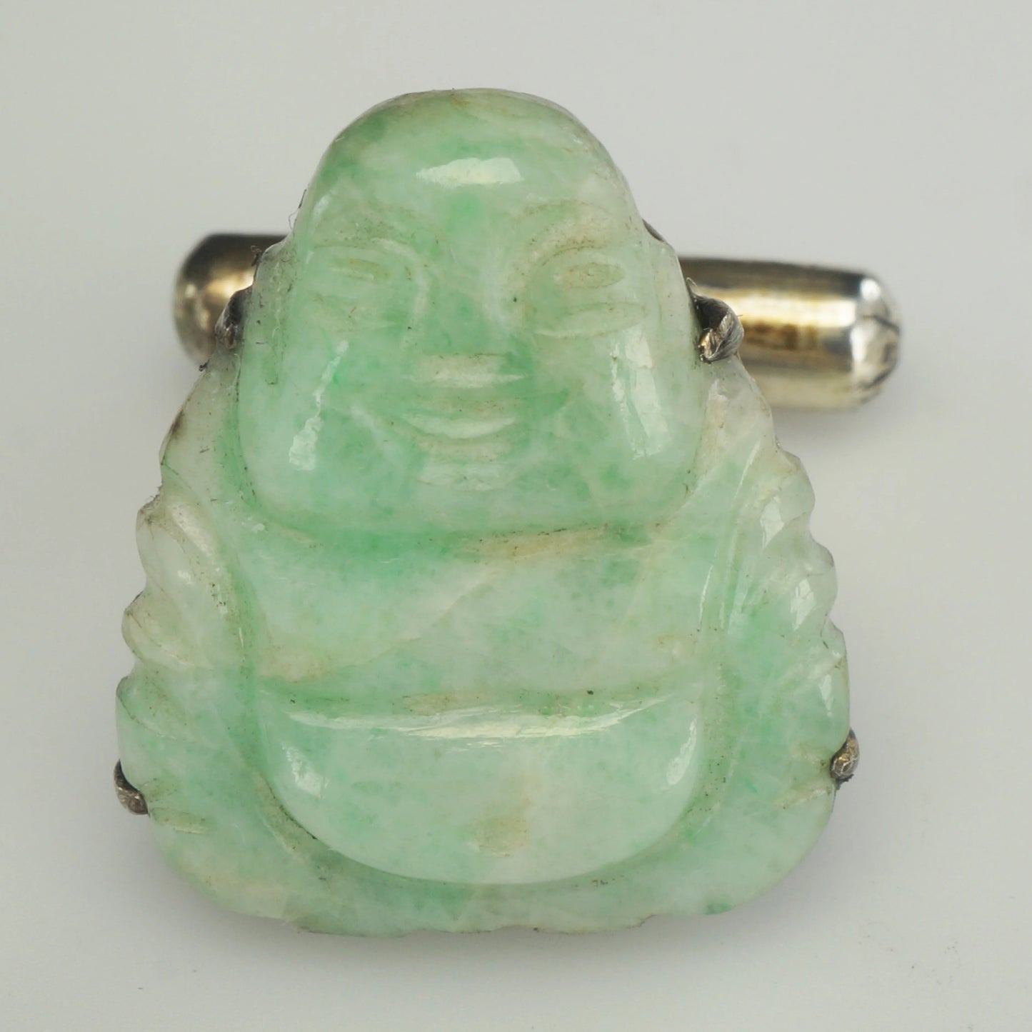 Vintage Chinese Carved Jadeite Happy Buddha Cufflinks - Bear and Raven Antiques