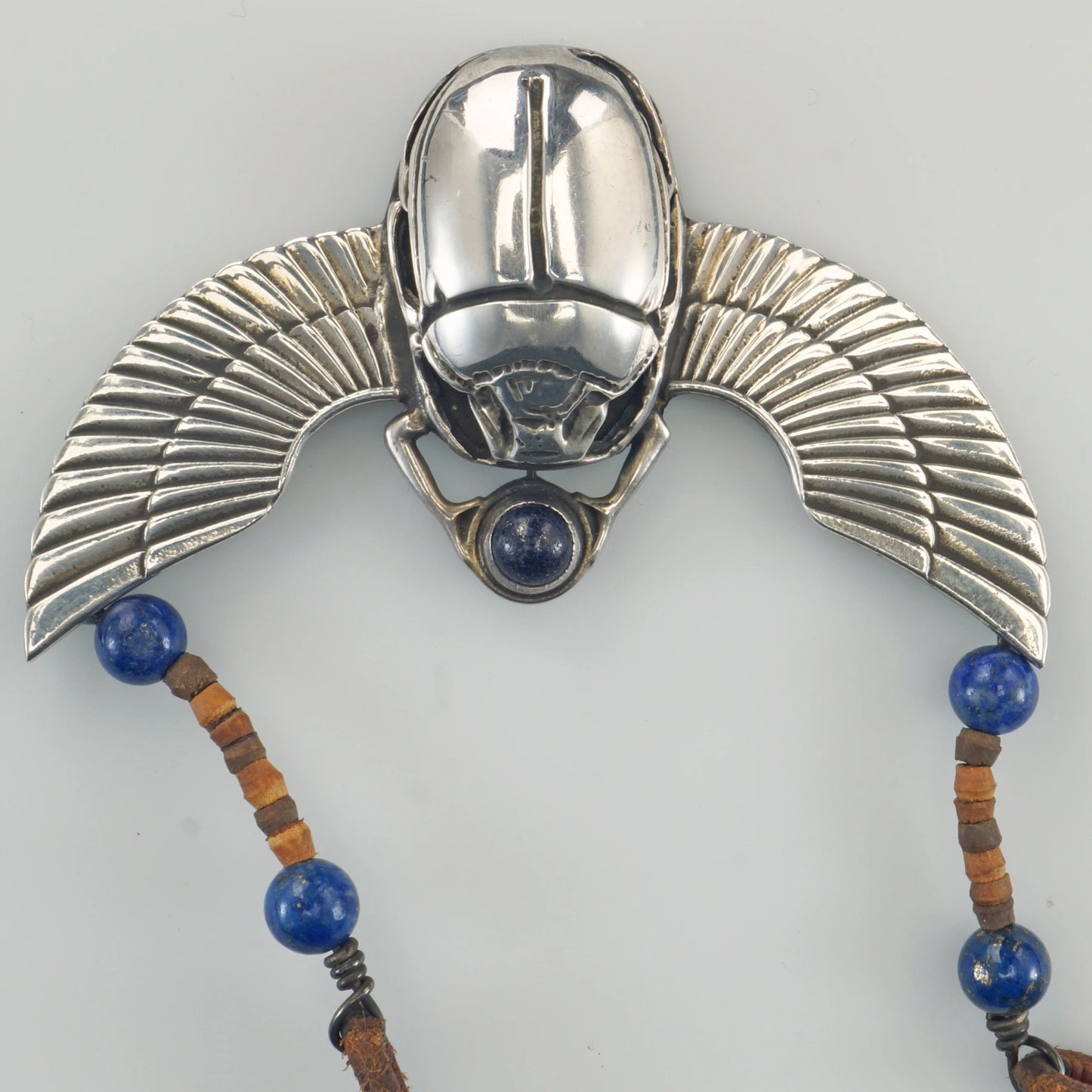 Vintage Egyptian Revival 800 Silver Winged Scarab Unisex Chocker Necklace 1977 - Bear and Raven Antiques