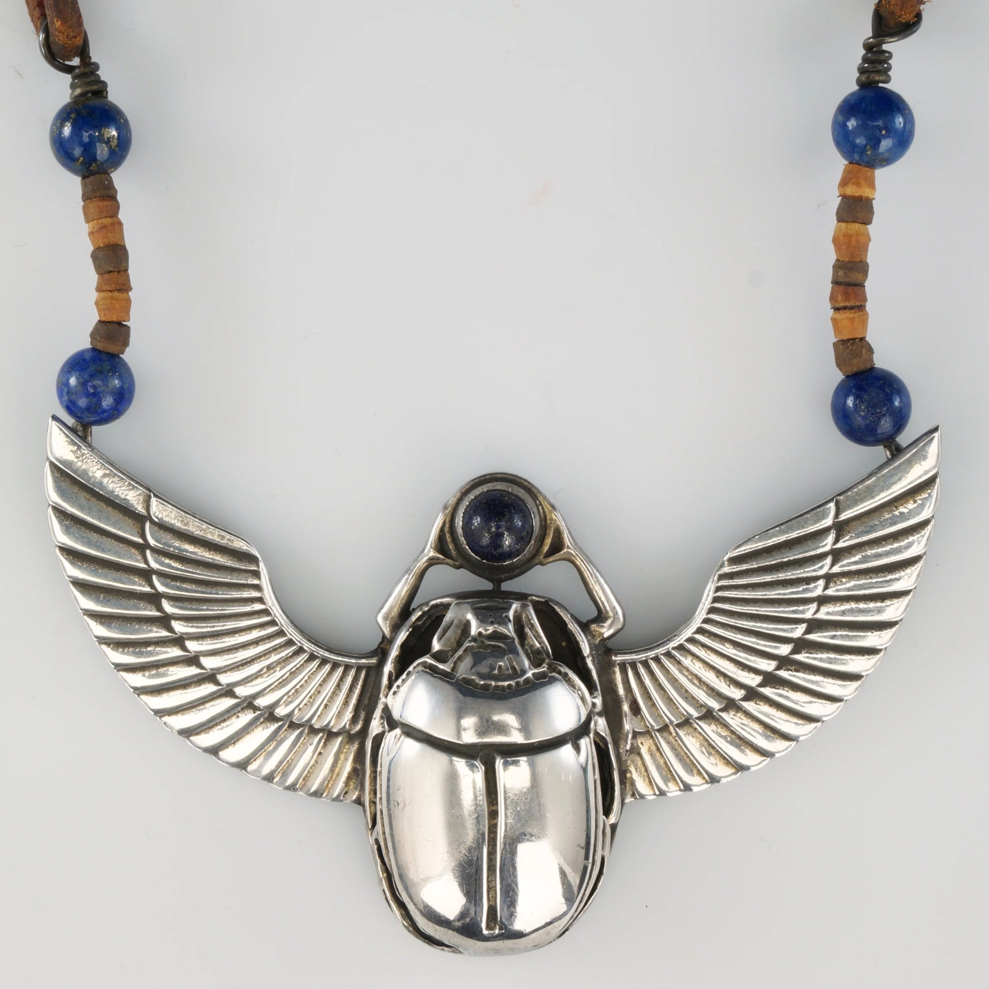 Vintage Egyptian Revival 800 Silver Winged Scarab Unisex Chocker Necklace 1977 - Bear and Raven Antiques