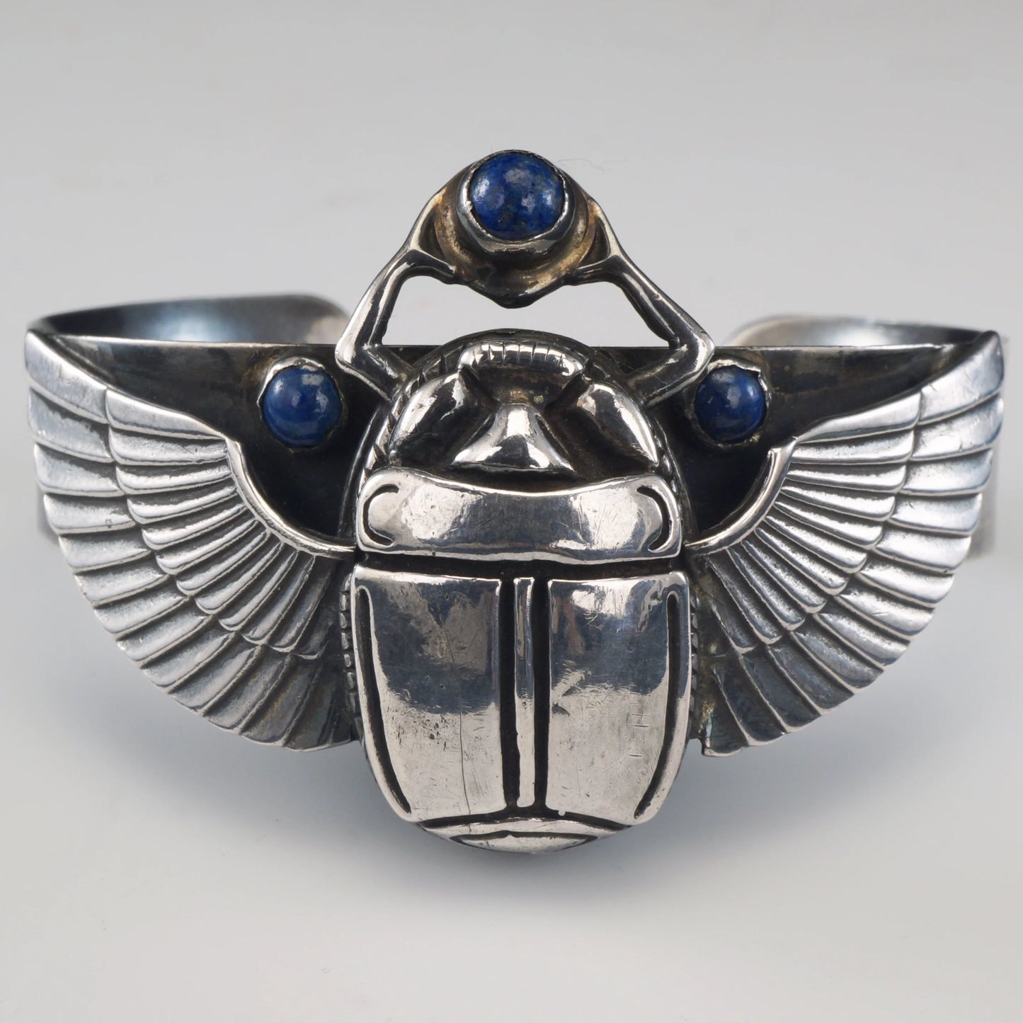 Vintage Egyptian Revival Winged Scarab Unisex 800 Silver Cuff Bracelet 1977 - Bear and Raven Antiques