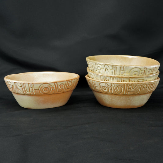 Vintage Frankoma Mayan Aztec Pattern Salad Bowls #7XL Dessert Gold - Set of 4 - Bear and Raven Antiques