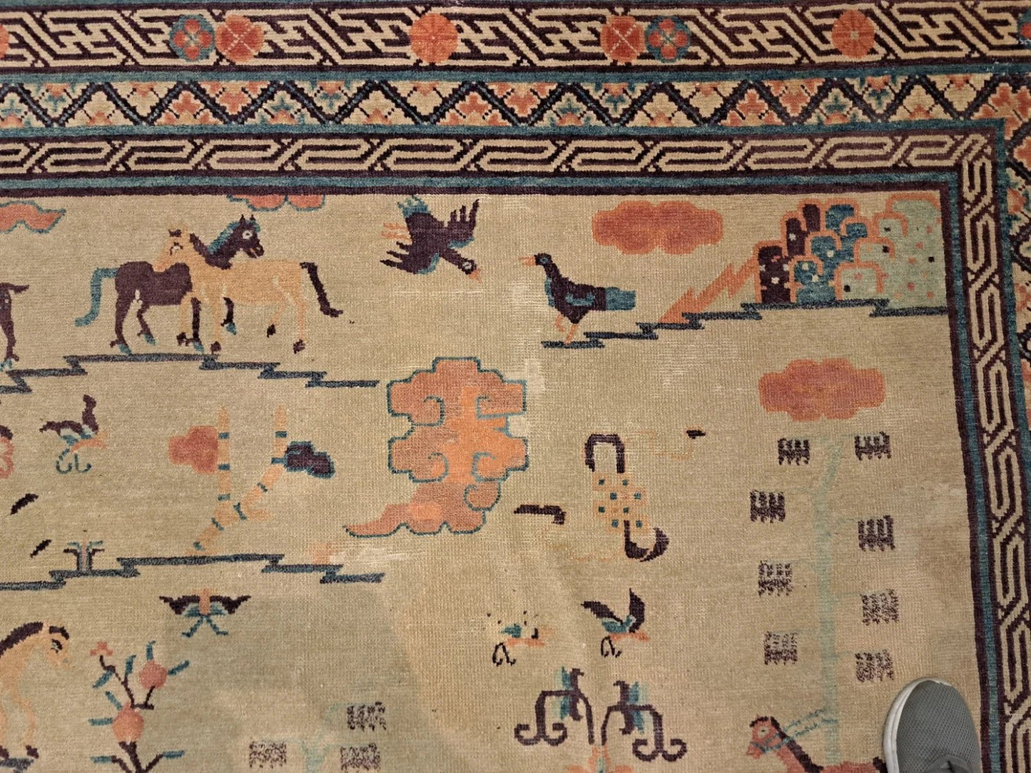 19th C Chinese Ivory 8 Horses Pictorial Ningxia Rug 6′ X 9′ - Bear and Raven Antiques