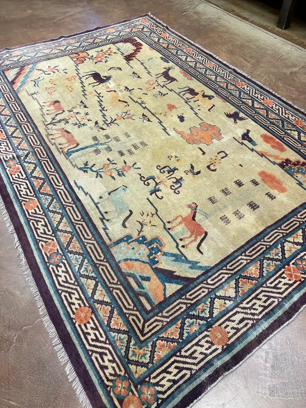 19th C Chinese Ivory 8 Horses Pictorial Ningxia Rug 6′ X 9′ - Bear and Raven Antiques