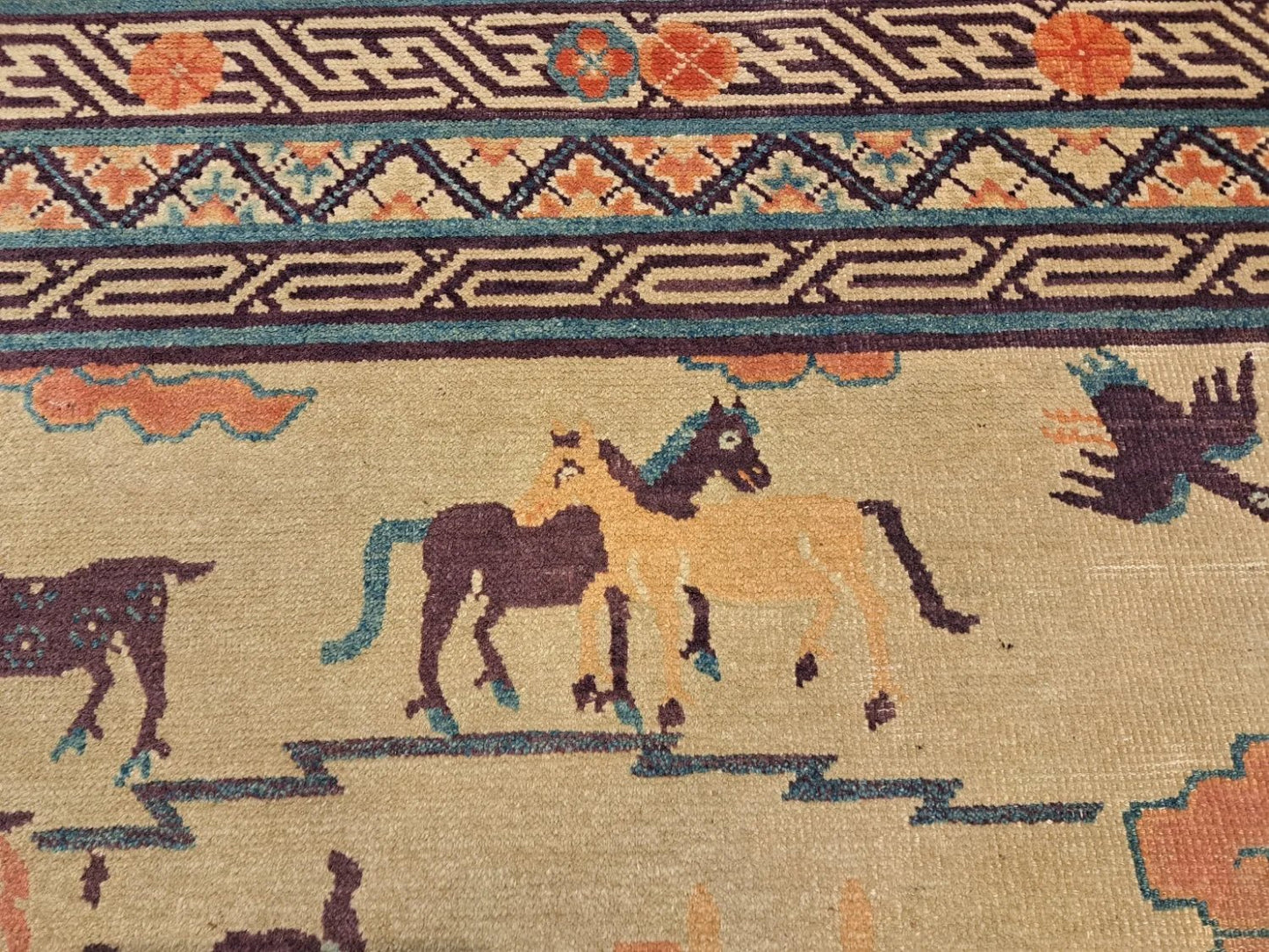 19th C Chinese Ivory 8 Horses Pictorial Ningxia Rug 6′ X 9′ - Bear and Raven Antiques