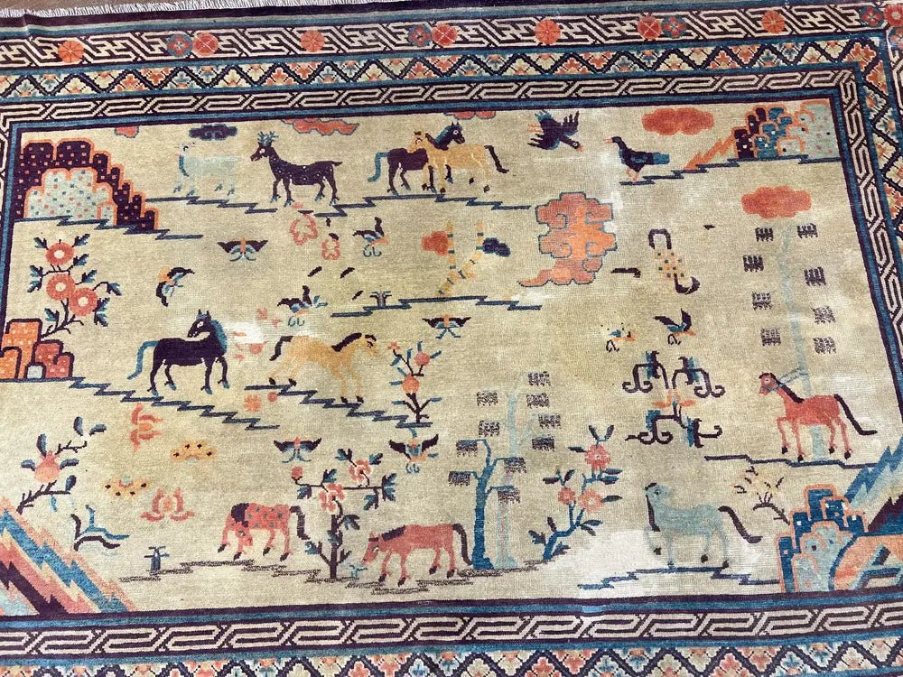 19th C Chinese Ivory 8 Horses Pictorial Ningxia Rug 6′ X 9′ - Bear and Raven Antiques