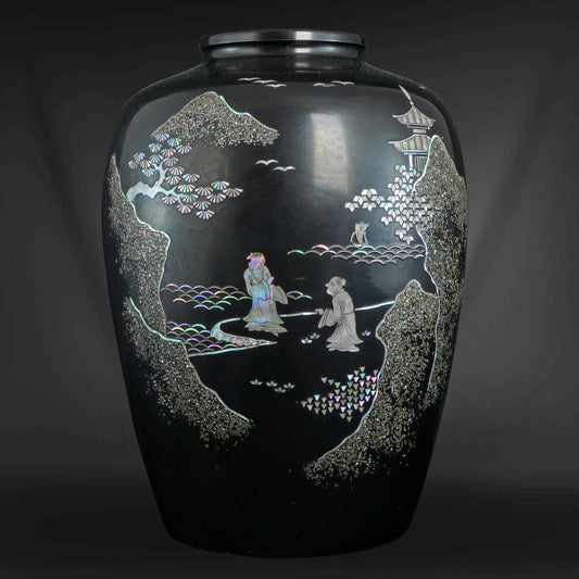 Korean Lacquer Mother of Pearl Vase Temple and Scholars Circa 1920