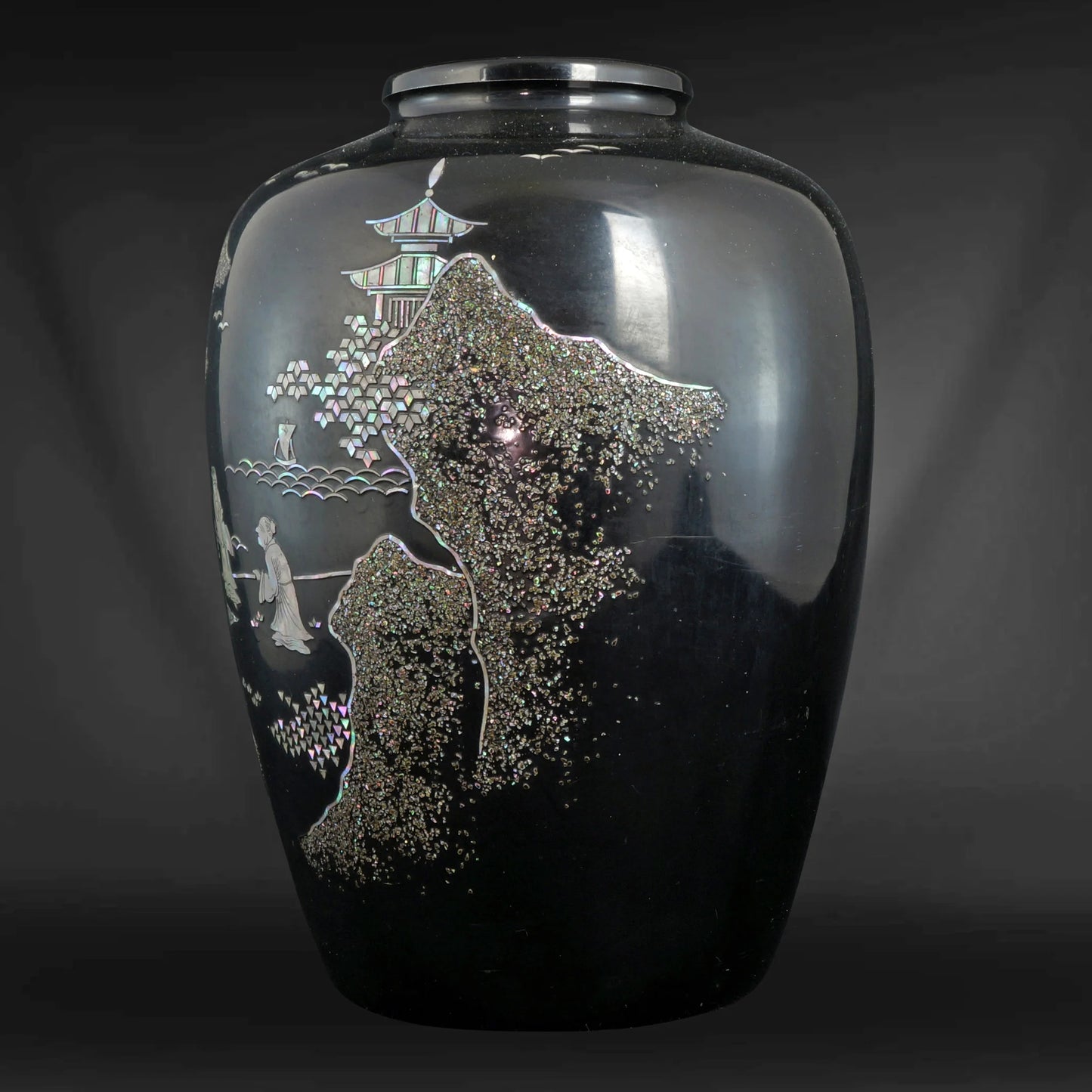 Korean Lacquer Mother of Pearl Vase Temple and Scholars Circa 1920