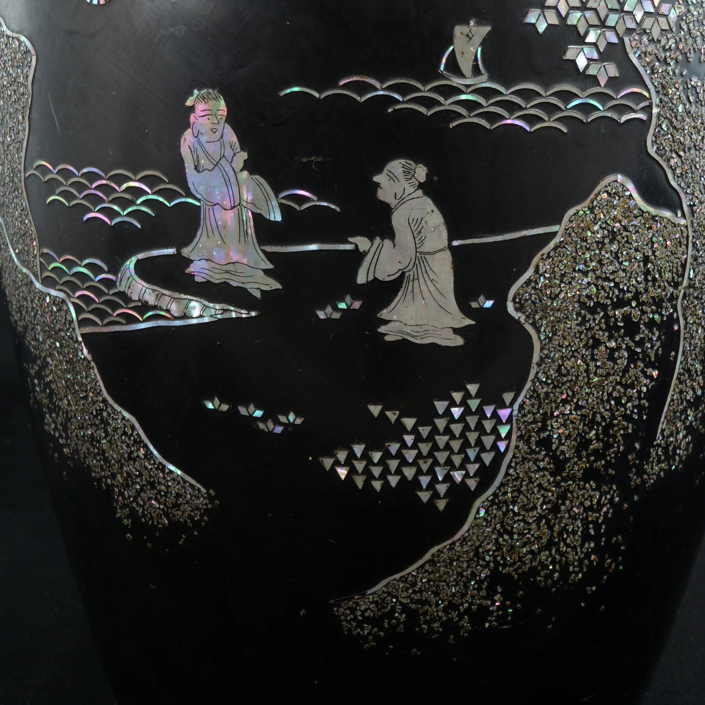 Korean Lacquer Mother of Pearl Vase Temple and Scholars Circa 1920