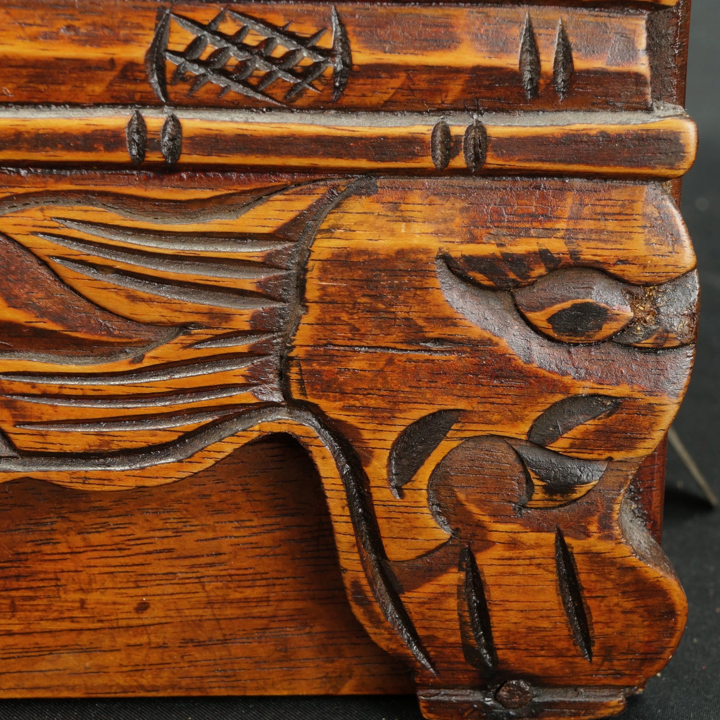 Vintage Handmade Sino-Tibetan Carved Wood Dresser Box Detail - Bear and Raven Antiques