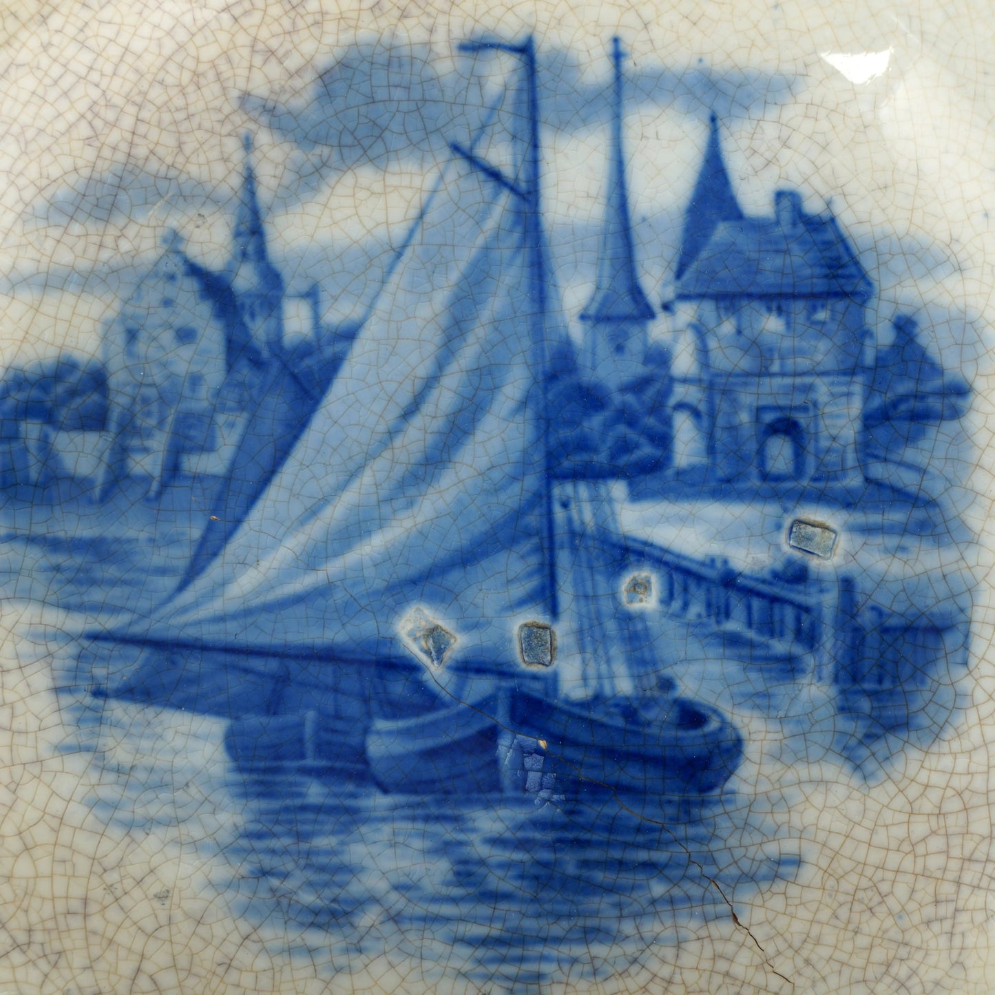 Antique Flow Blue 11" Round Serving Bowl with Delft Boat Scene Lebeau/Sebring Late 19th C - Bear and Raven Antiques