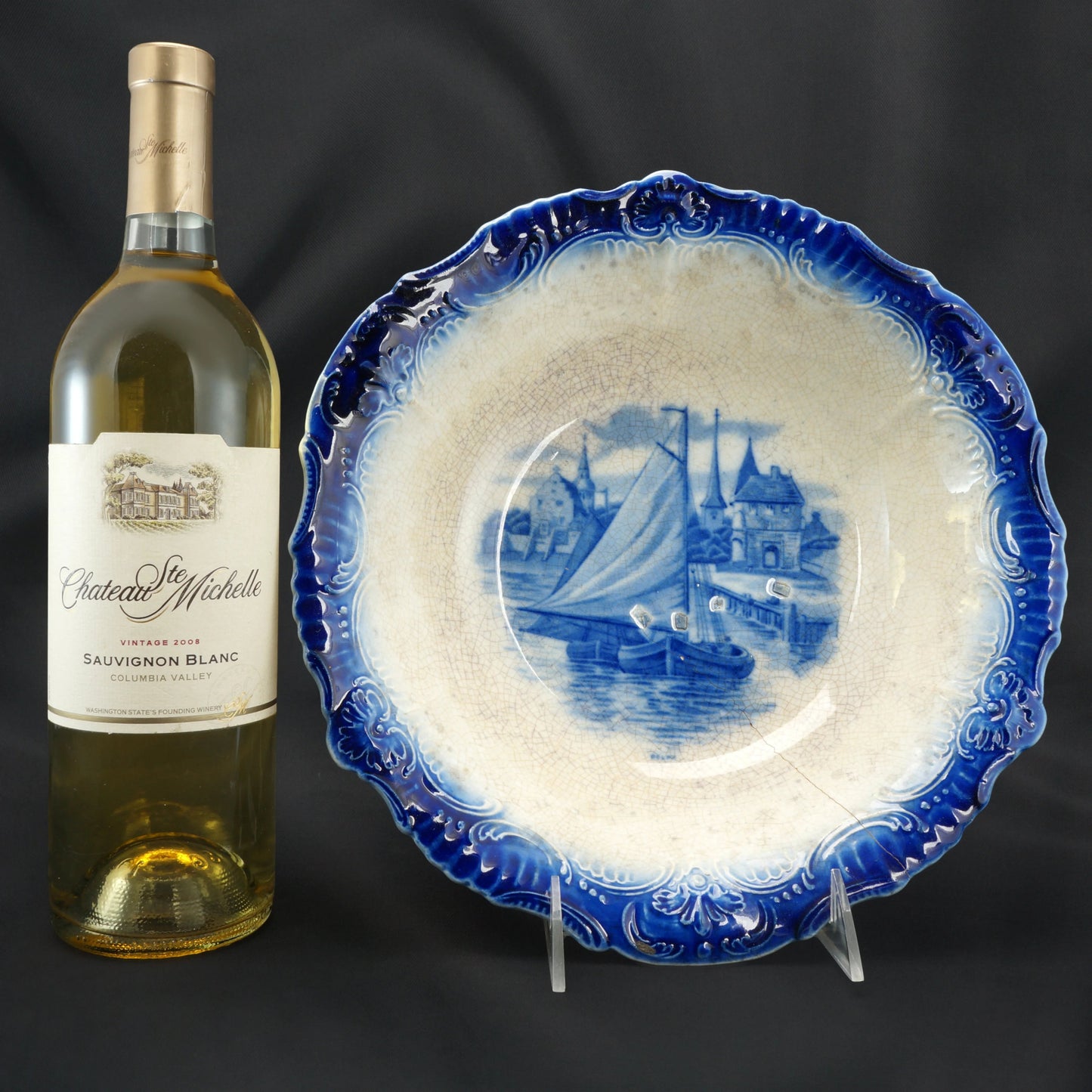 Antique Flow Blue 11" Round Serving Bowl with Delft Boat Scene Lebeau/Sebring Late 19th C - Bear and Raven Antiques