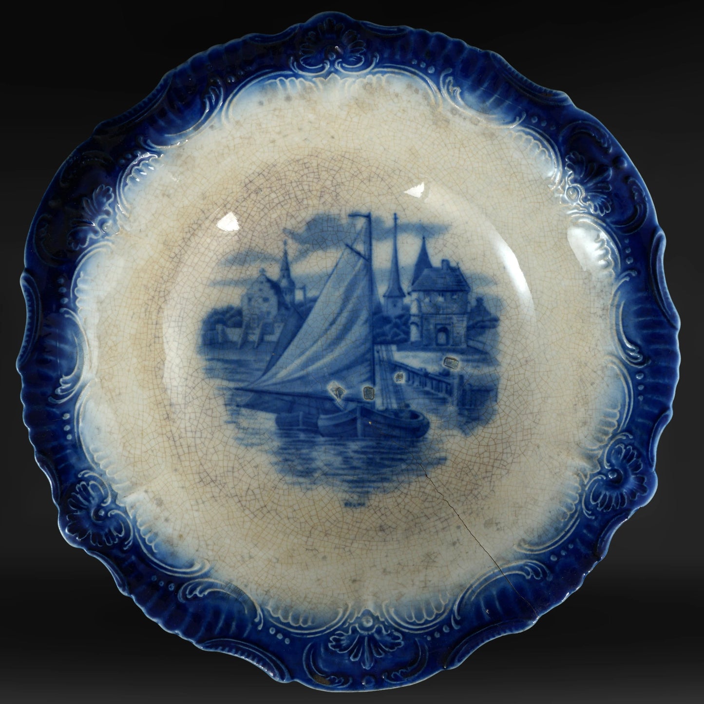 Antique Flow Blue 11" Round Serving Bowl with Delft Boat Scene Lebeau/Sebring Late 19th C - Bear and Raven Antiques