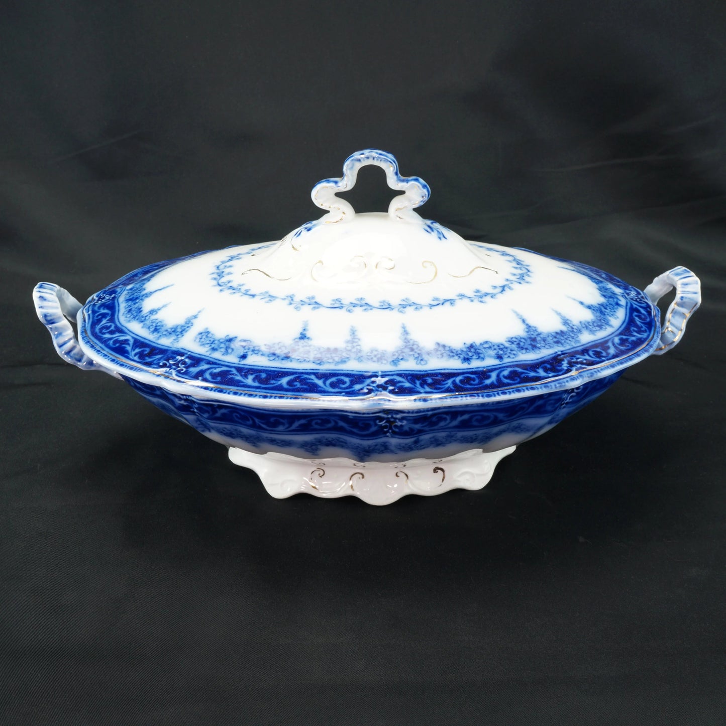 Antique Flow Blue Covered Tureen Serving Dish Ridgeway Sefton Pattern - Bear and Raven Antiques