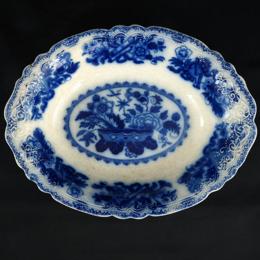 Antique Flow Blue Deep Oval Serving Bowl Meakin Japan Pattern - Bear and Raven Antiques