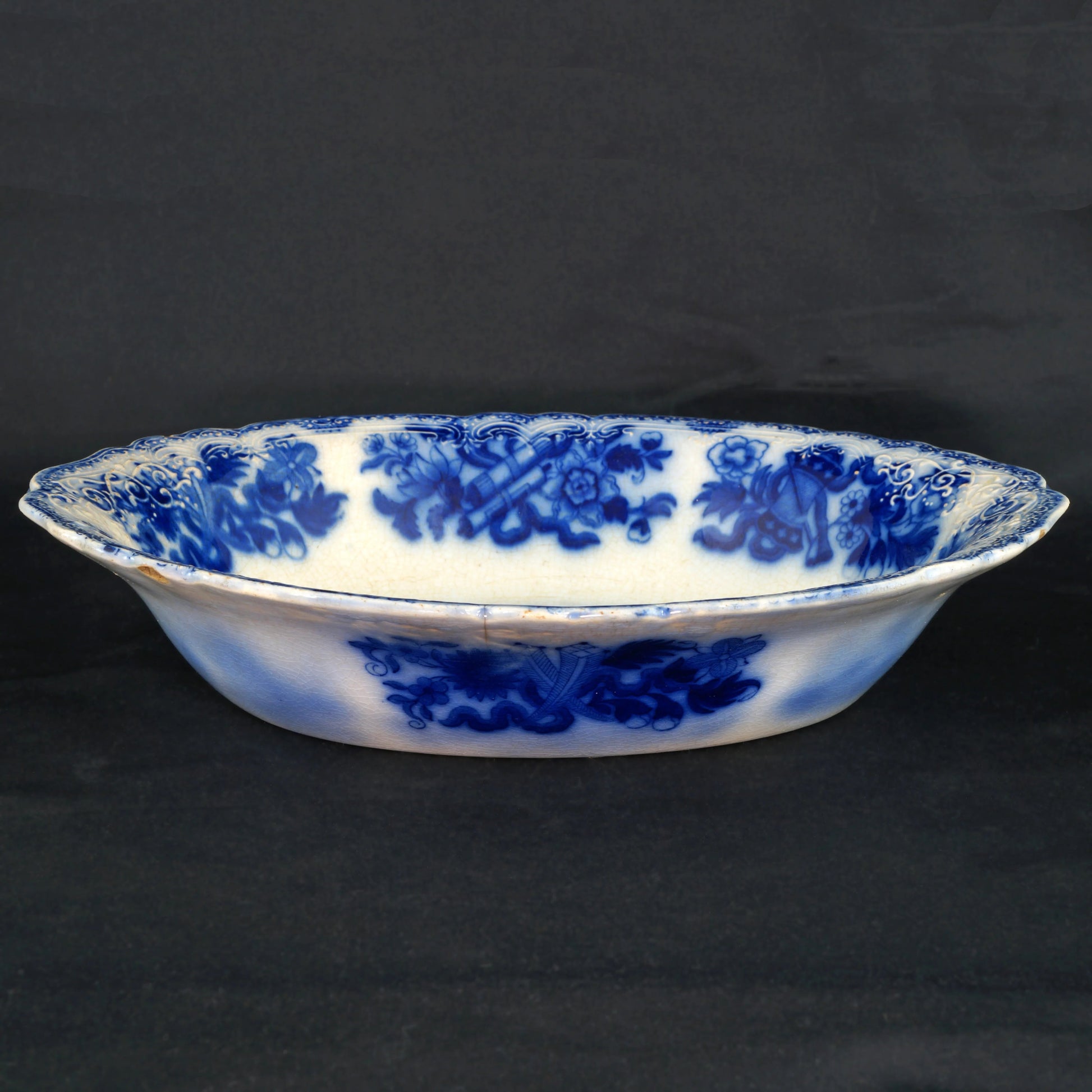 Antique Flow Blue Deep Oval Serving Bowl Meakin Japan Pattern - Bear and Raven Antiques