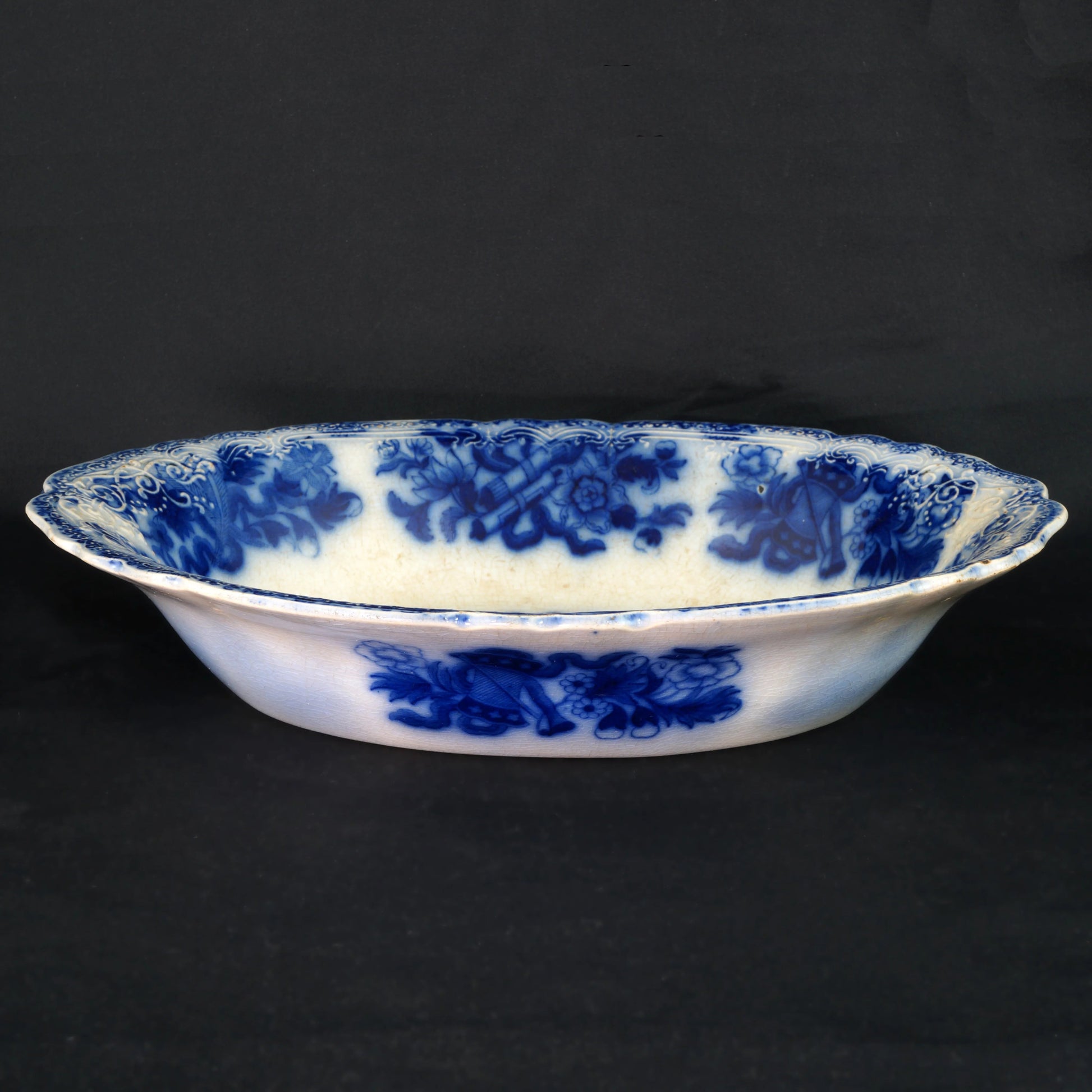 Antique Flow Blue Deep Oval Serving Bowl Meakin Japan Pattern - Bear and Raven Antiques