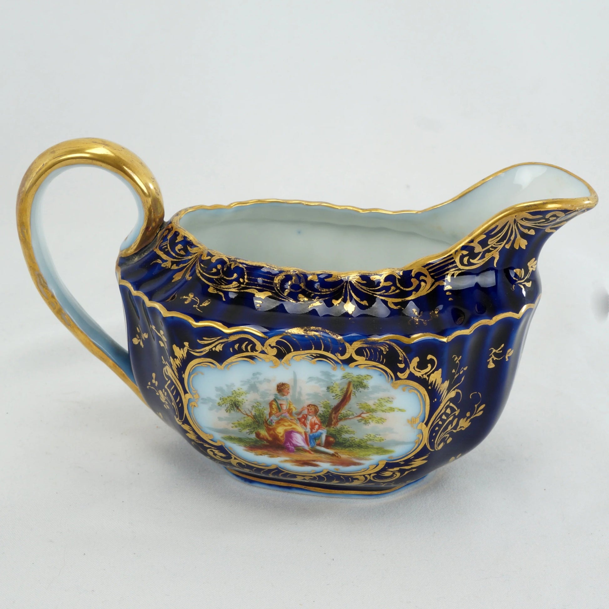 Antique German Richard Klemm Dresden Cobalt Blue Gold Courting Couple Creamer Sugar Set - Bear and Raven Antiques