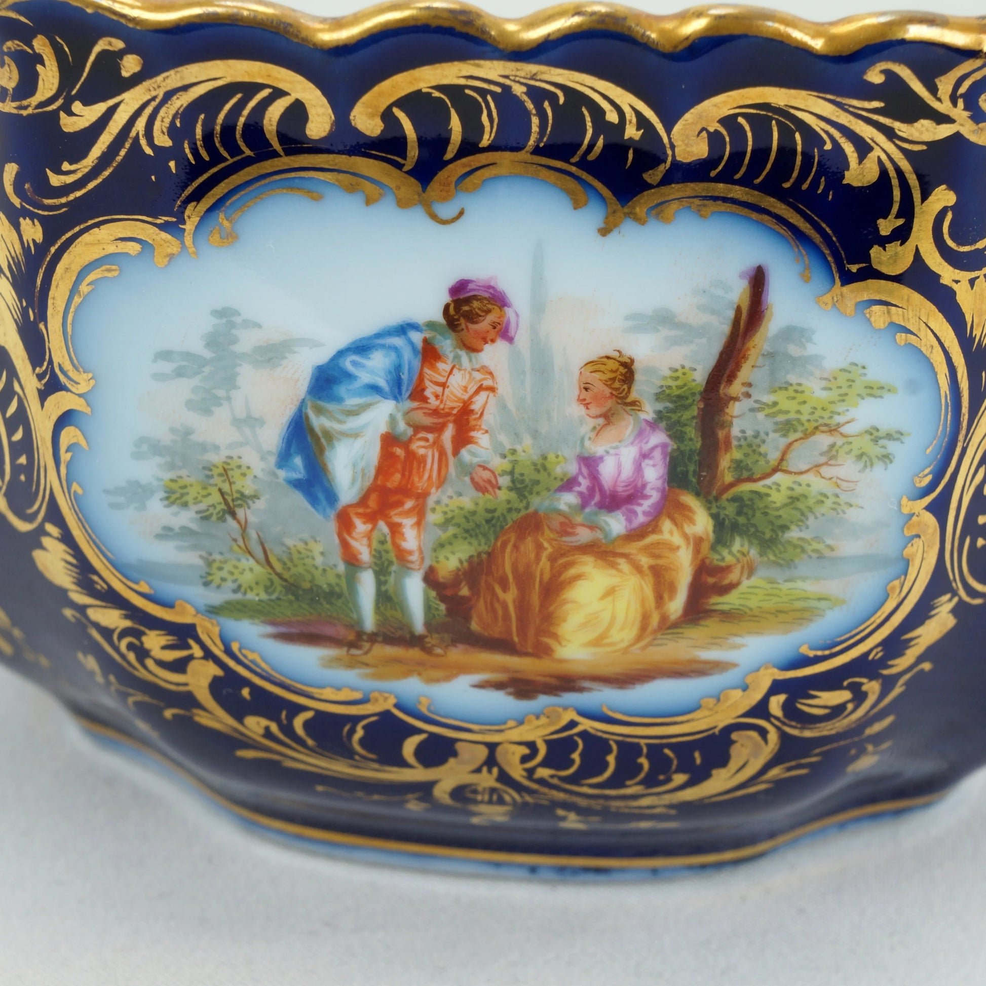 Antique German Richard Klemm Dresden Cobalt Blue Gold Courting Couple Creamer Sugar Set - Bear and Raven Antiques