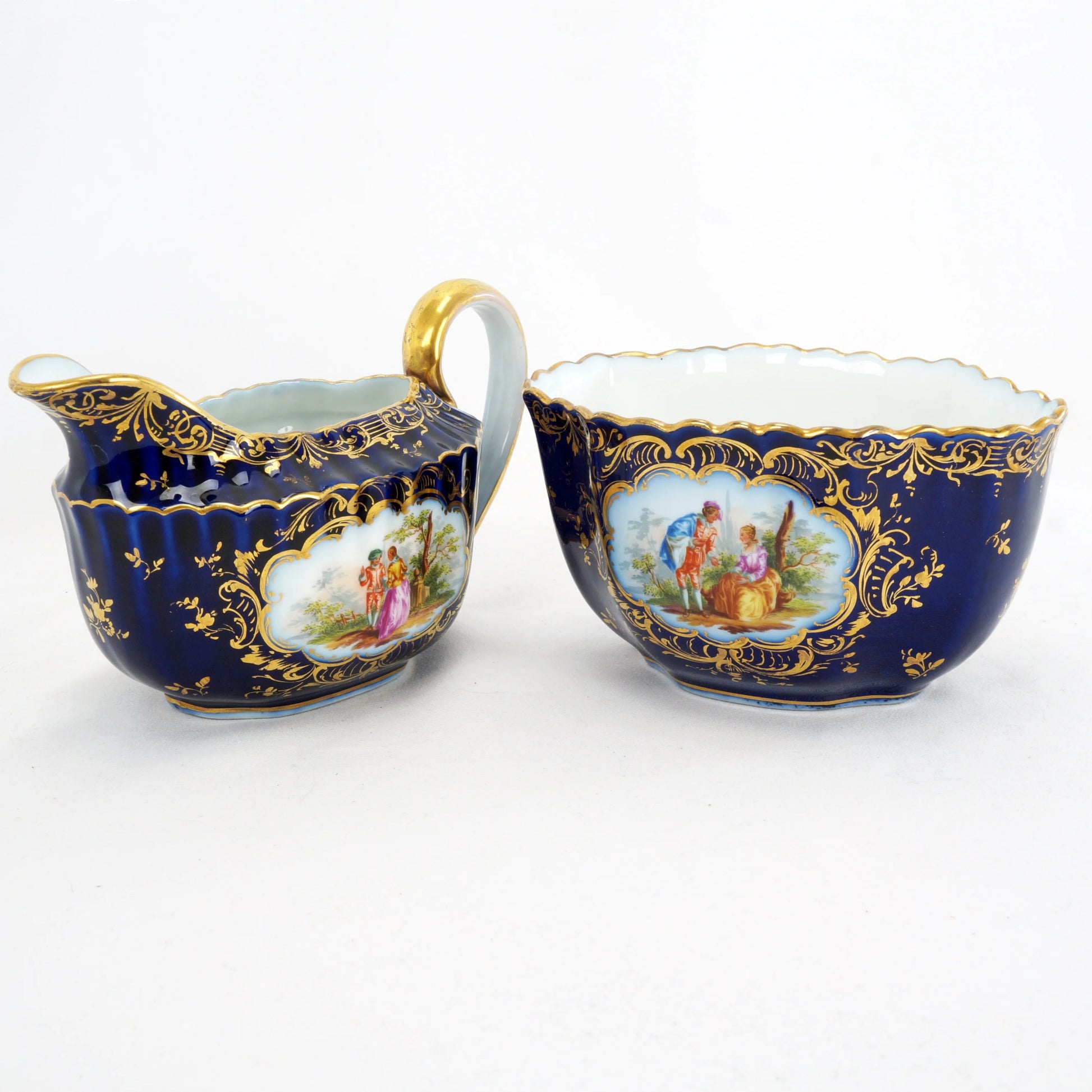 Antique German Richard Klemm Dresden Cobalt Blue Gold Courting Couple Creamer Sugar Set - Bear and Raven Antiques