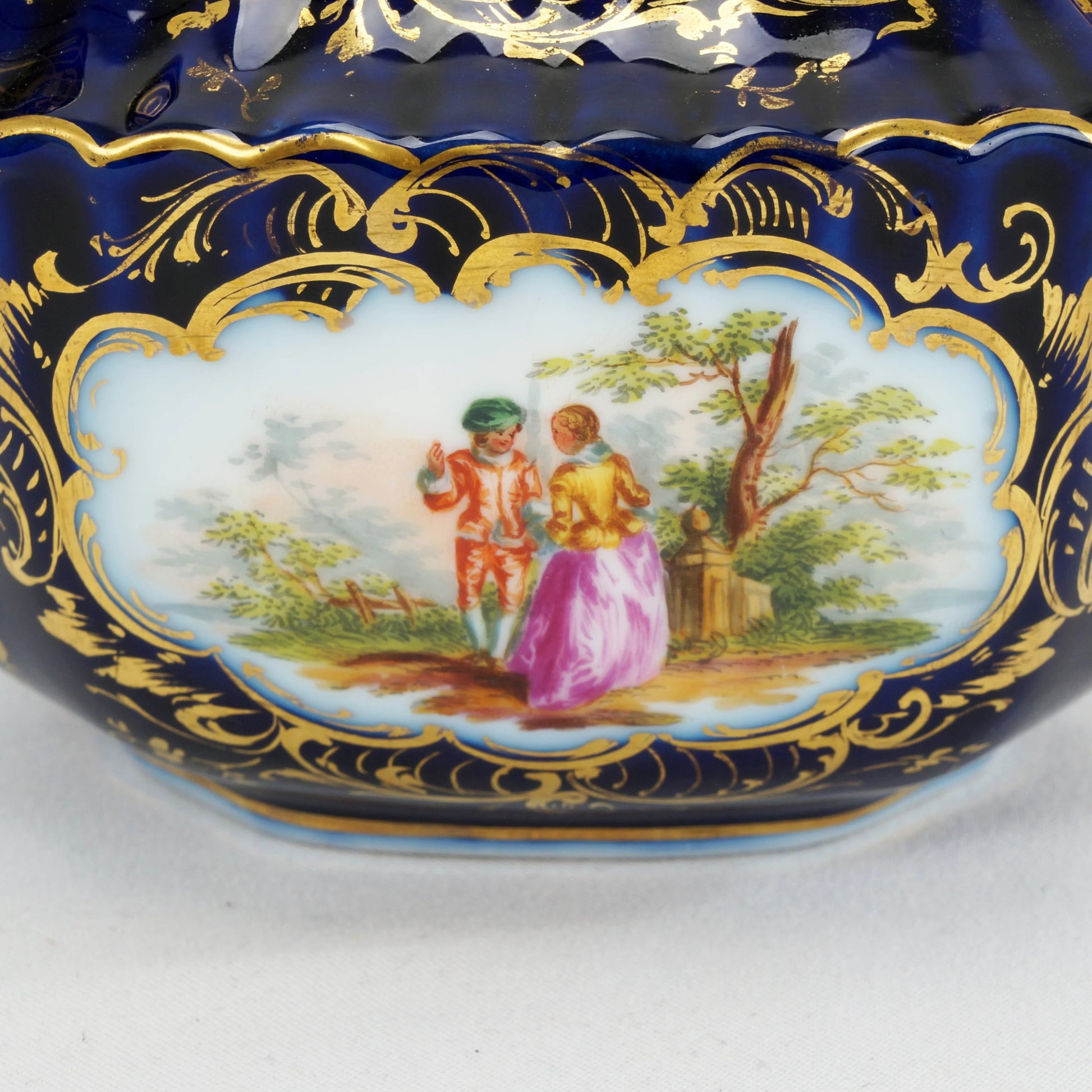 Antique German Richard Klemm Dresden Cobalt Blue Gold Courting Couple Creamer Sugar Set - Bear and Raven Antiques