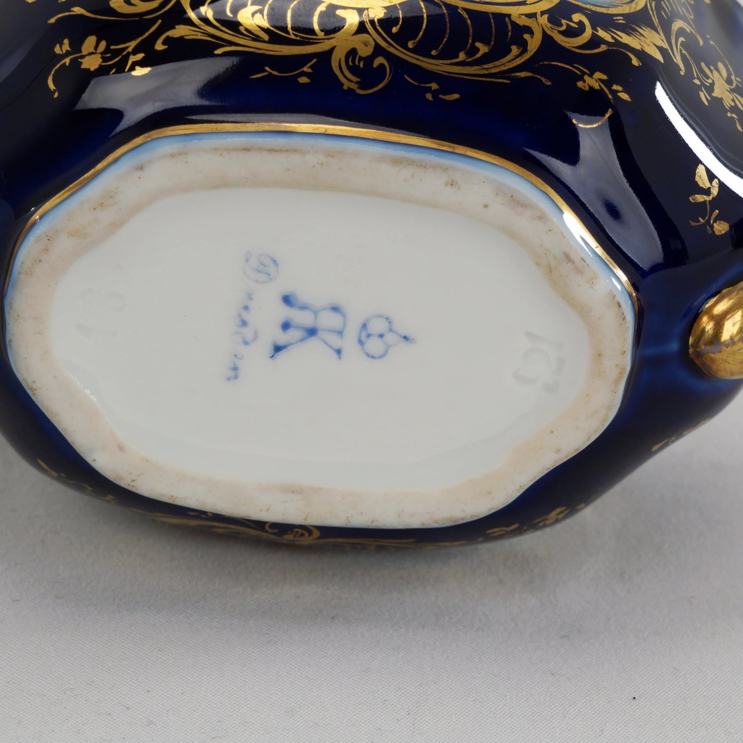 Antique German Richard Klemm Dresden Cobalt Blue Gold Courting Couple Creamer Sugar Set - Bear and Raven Antiques