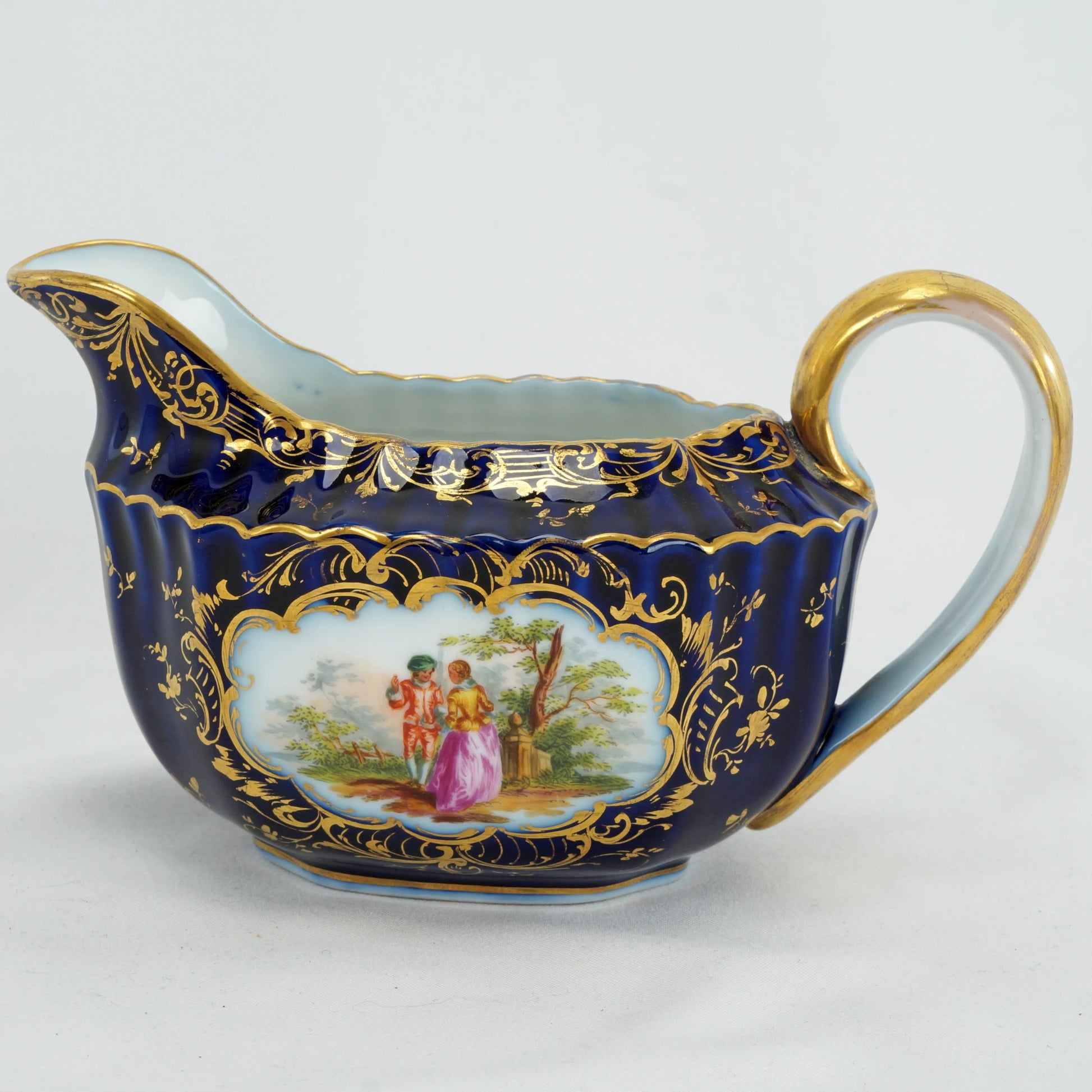 Antique German Richard Klemm Dresden Cobalt Blue Gold Courting Couple Creamer Sugar Set - Bear and Raven Antiques