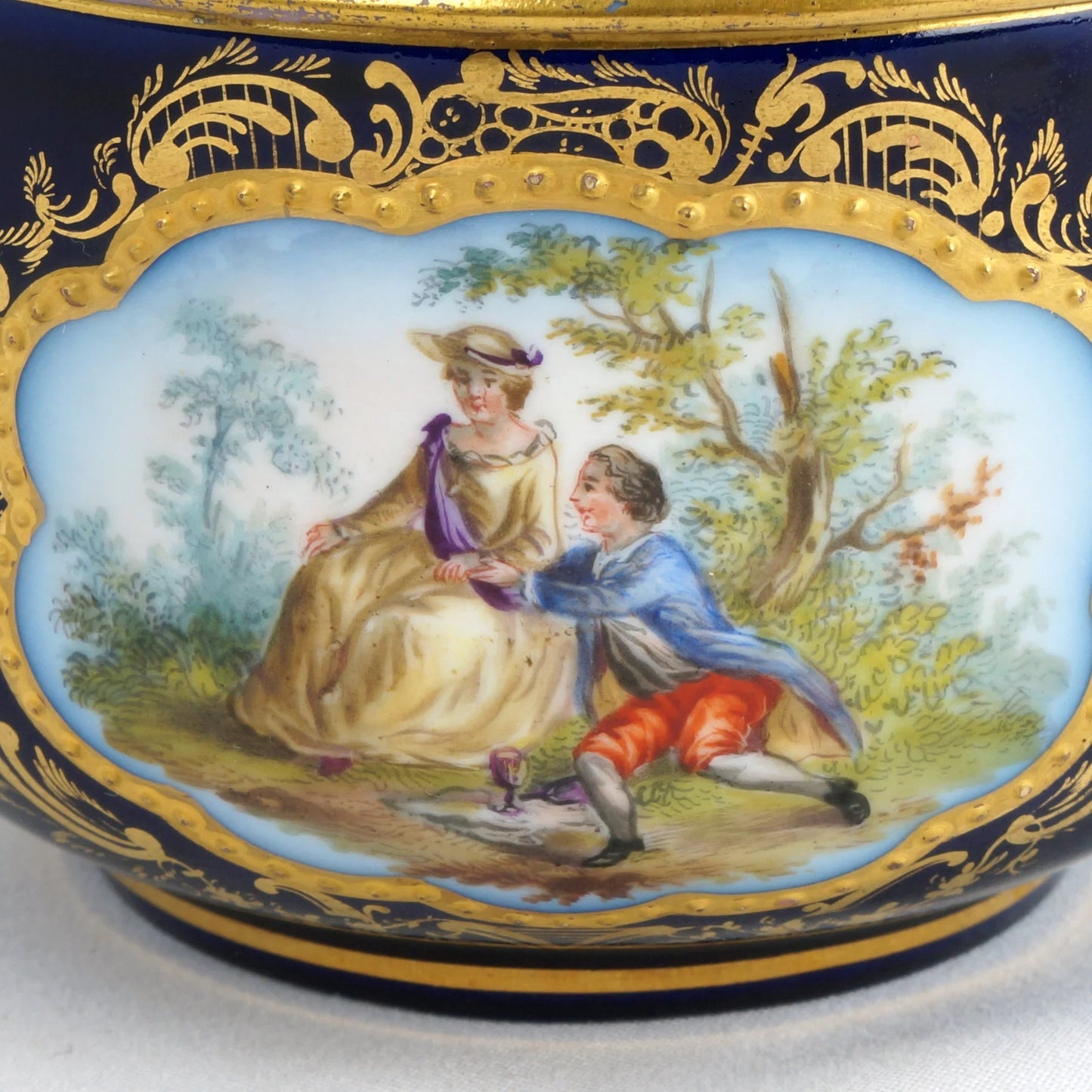 Antique Porcelain Cobalt Blue German Covered Jar Courting Couple - Bear and Raven Antiques