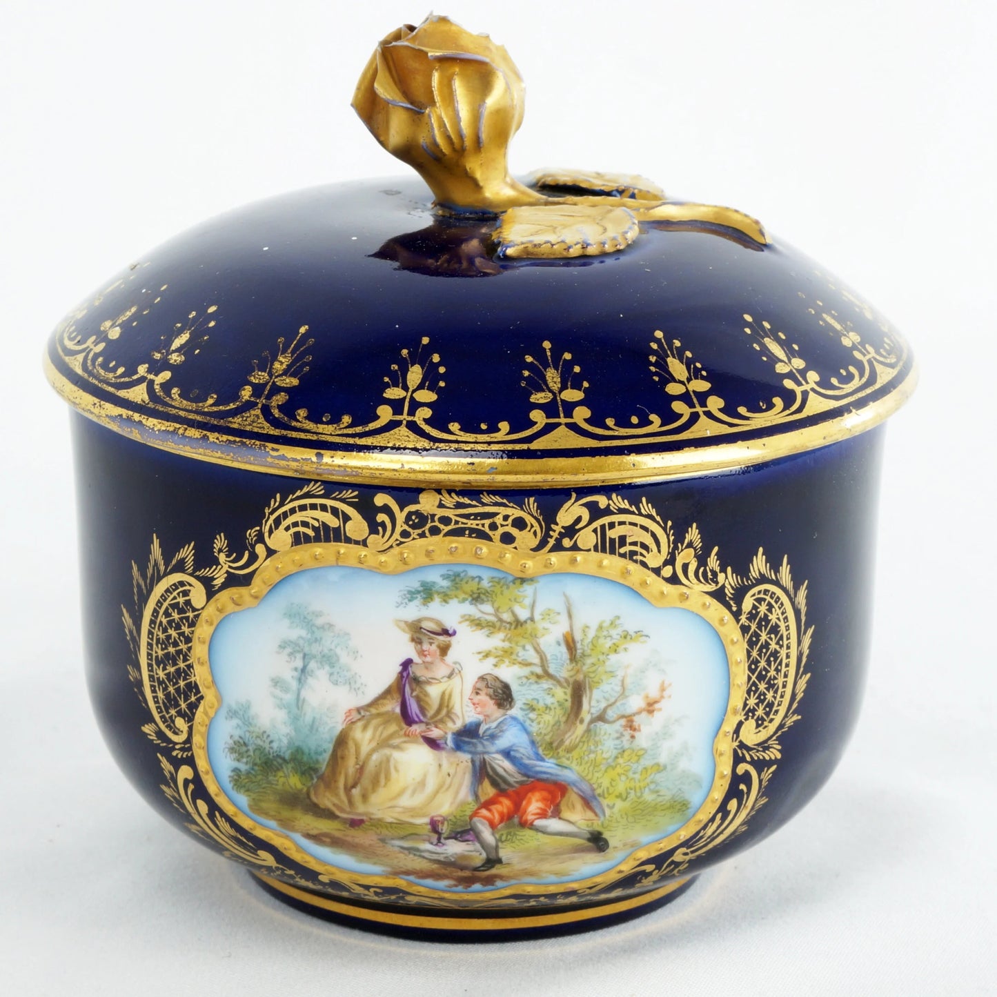 Antique Porcelain Cobalt Blue German Covered Jar Courting Couple - Bear and Raven Antiques