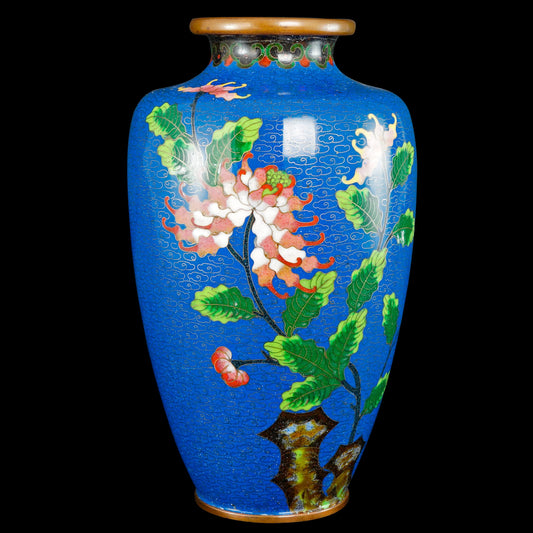 Chinese Blue Cloisonné Floral Vase Republic Period - Bear and Raven Antiques