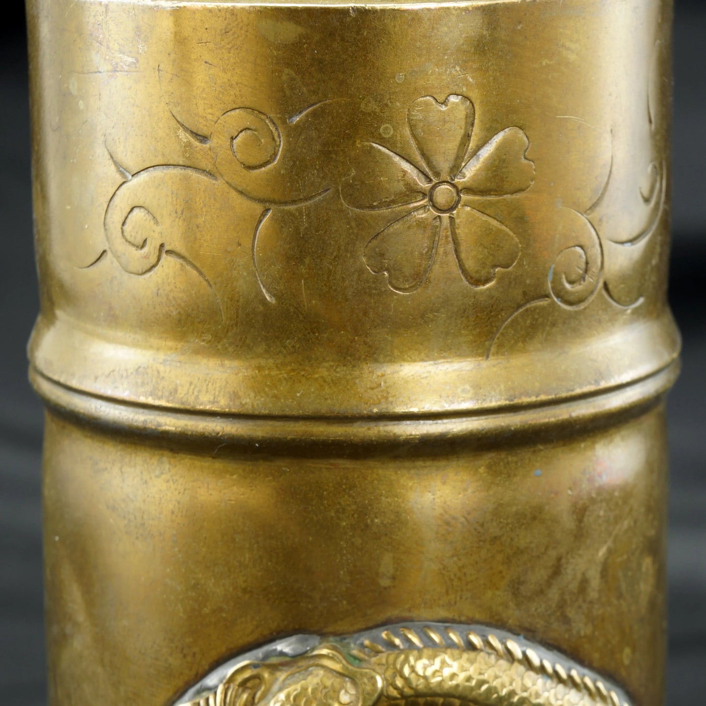 Chinese Brass Brush Pot with Dragon and Auspicious Marks Republic Period - Bear and Raven Antiques