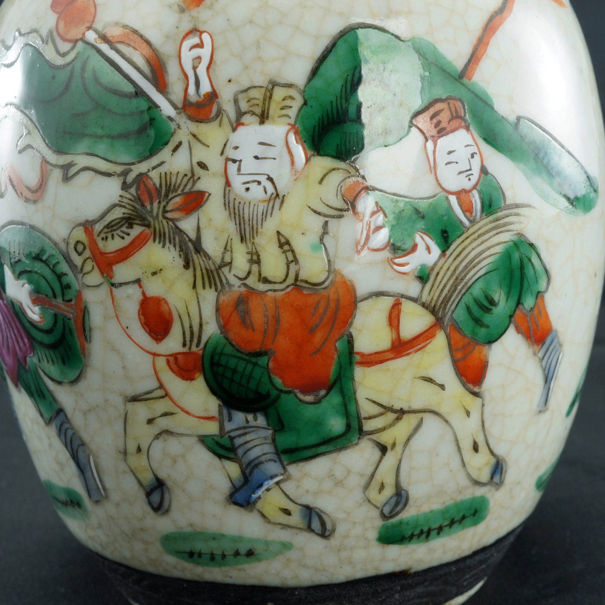 Chinese Crackle Polychrome Oatmeal Ginger Jar with Warriors Republic Period - Bear and Raven Antiques