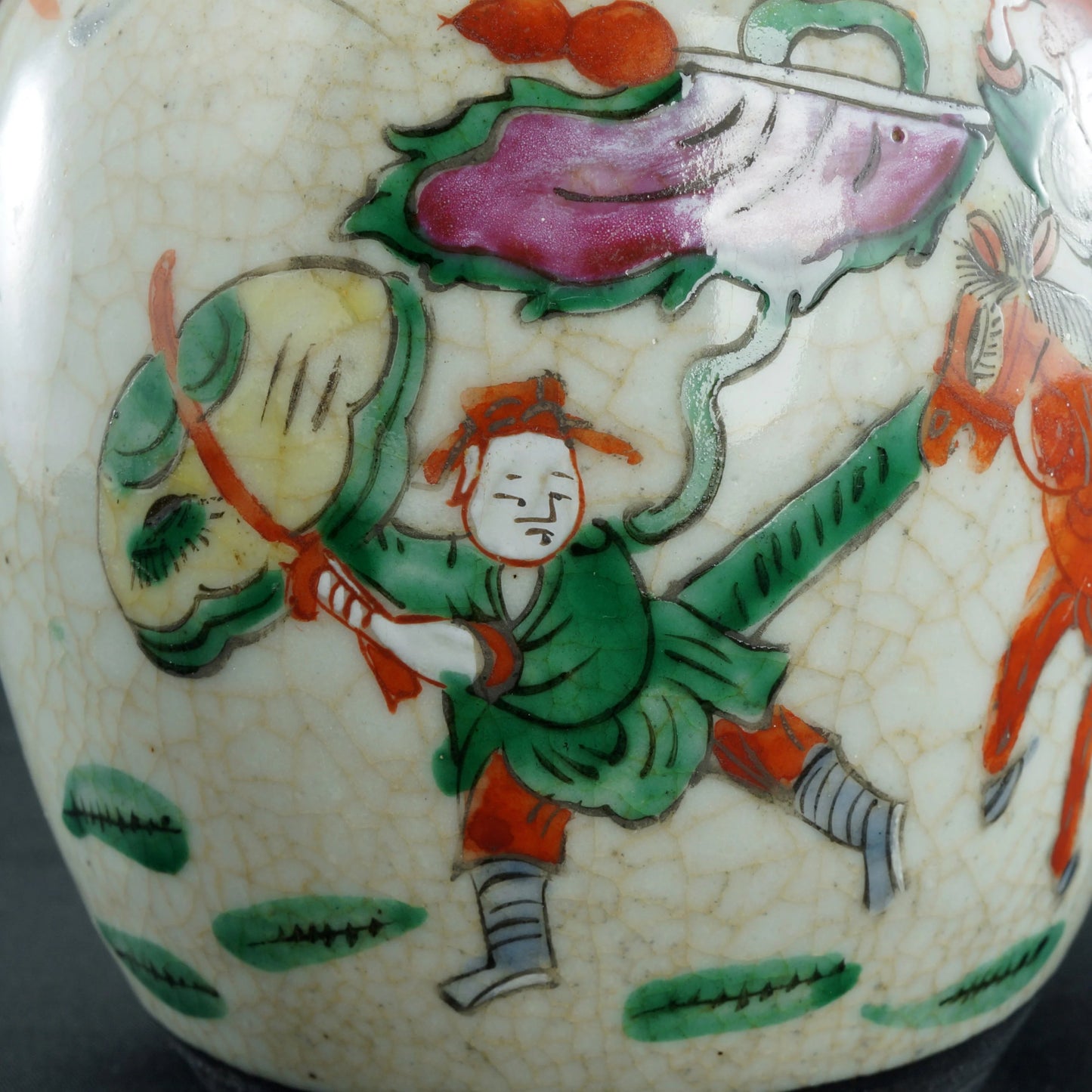 Chinese Crackle Polychrome Oatmeal Ginger Jar with Warriors Republic Period - Bear and Raven Antiques