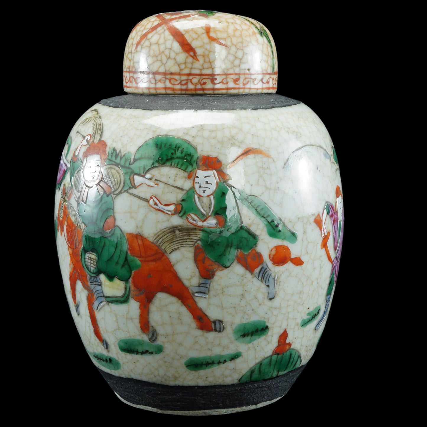 Chinese Crackle Polychrome Oatmeal Ginger Jar with Warriors Republic Period - Bear and Raven Antiques