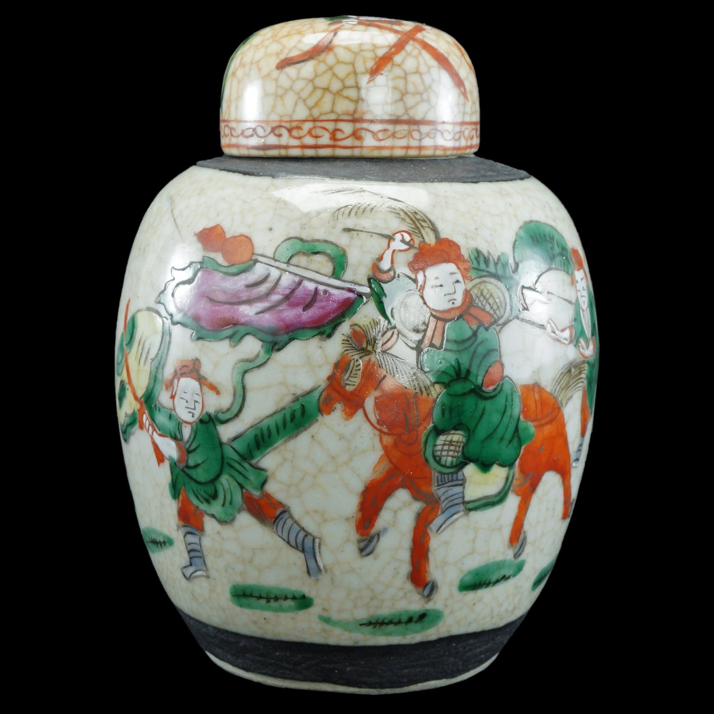 Chinese Crackle Polychrome Oatmeal Ginger Jar with Warriors Republic Period - Bear and Raven Antiques