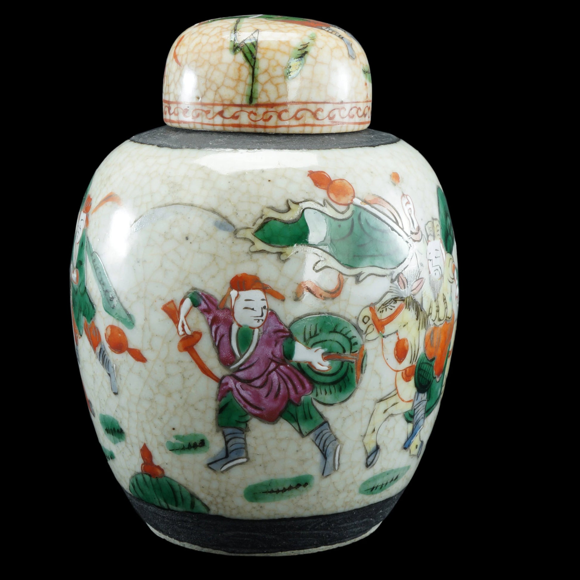 Chinese Crackle Polychrome Oatmeal Ginger Jar with Warriors Republic Period - Bear and Raven Antiques