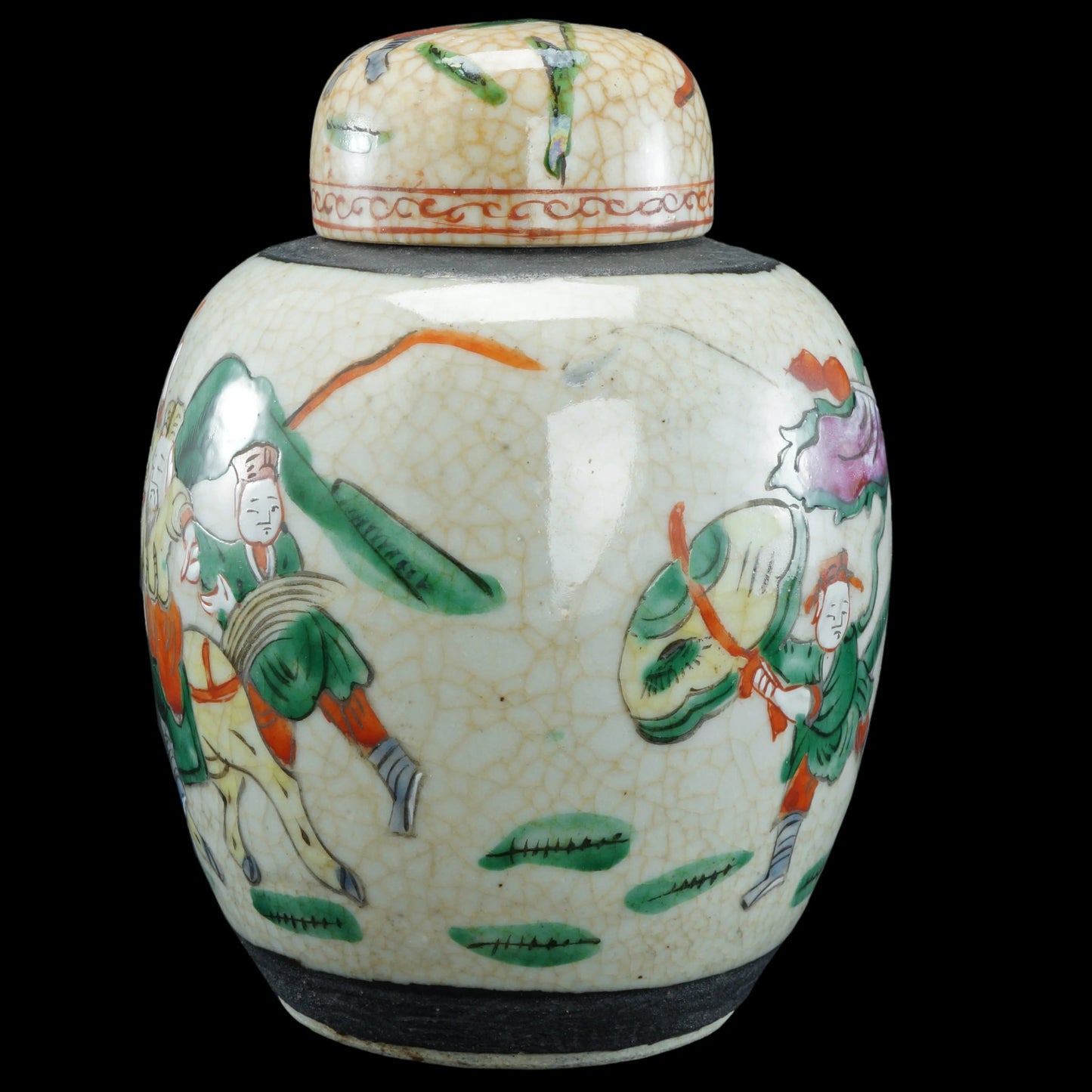 Chinese Crackle Polychrome Oatmeal Ginger Jar with Warriors Republic Period - Bear and Raven Antiques