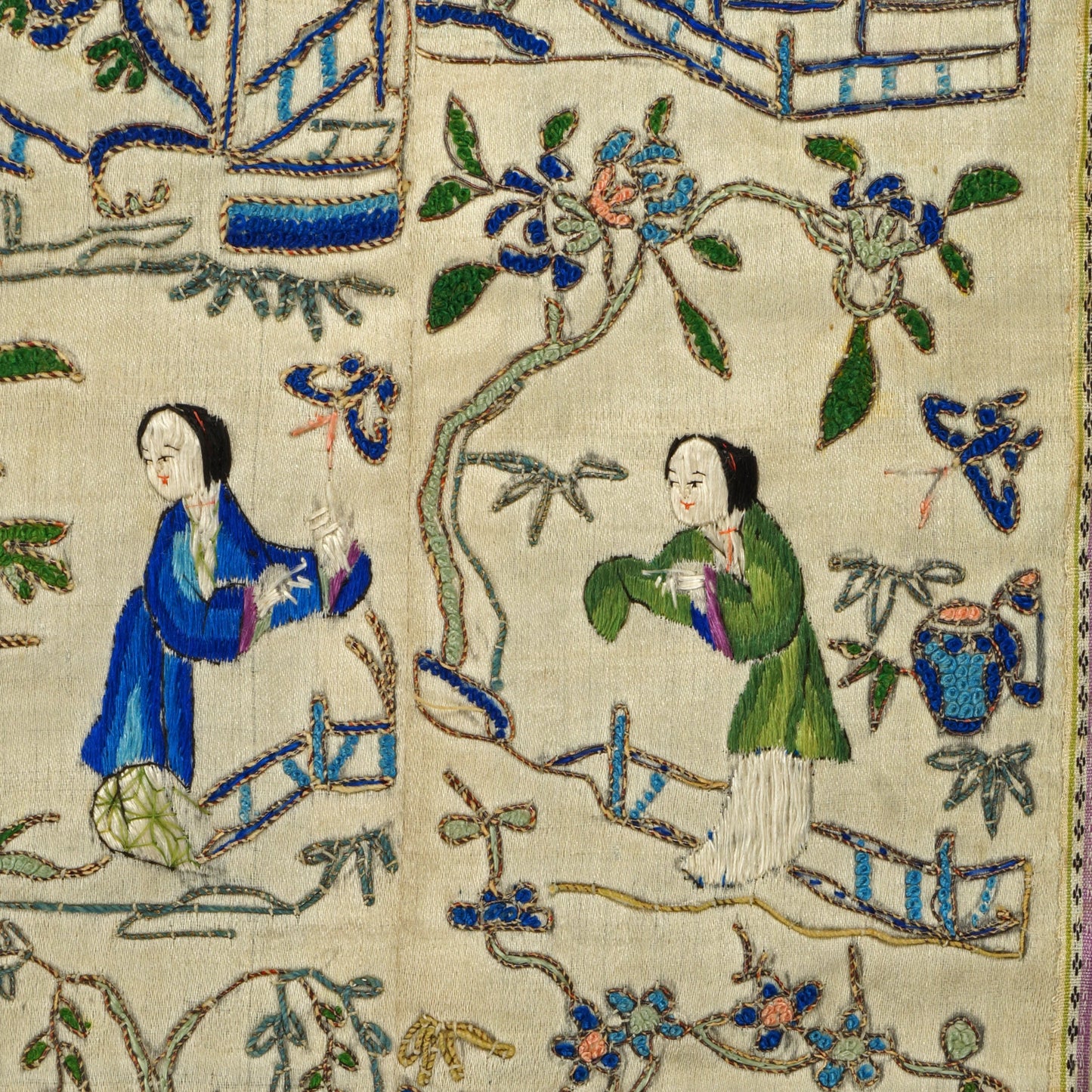 Chinese Embroidered Silk Sleeve Panels Beauties in Garden Late Qing - Bear and Raven Antiques