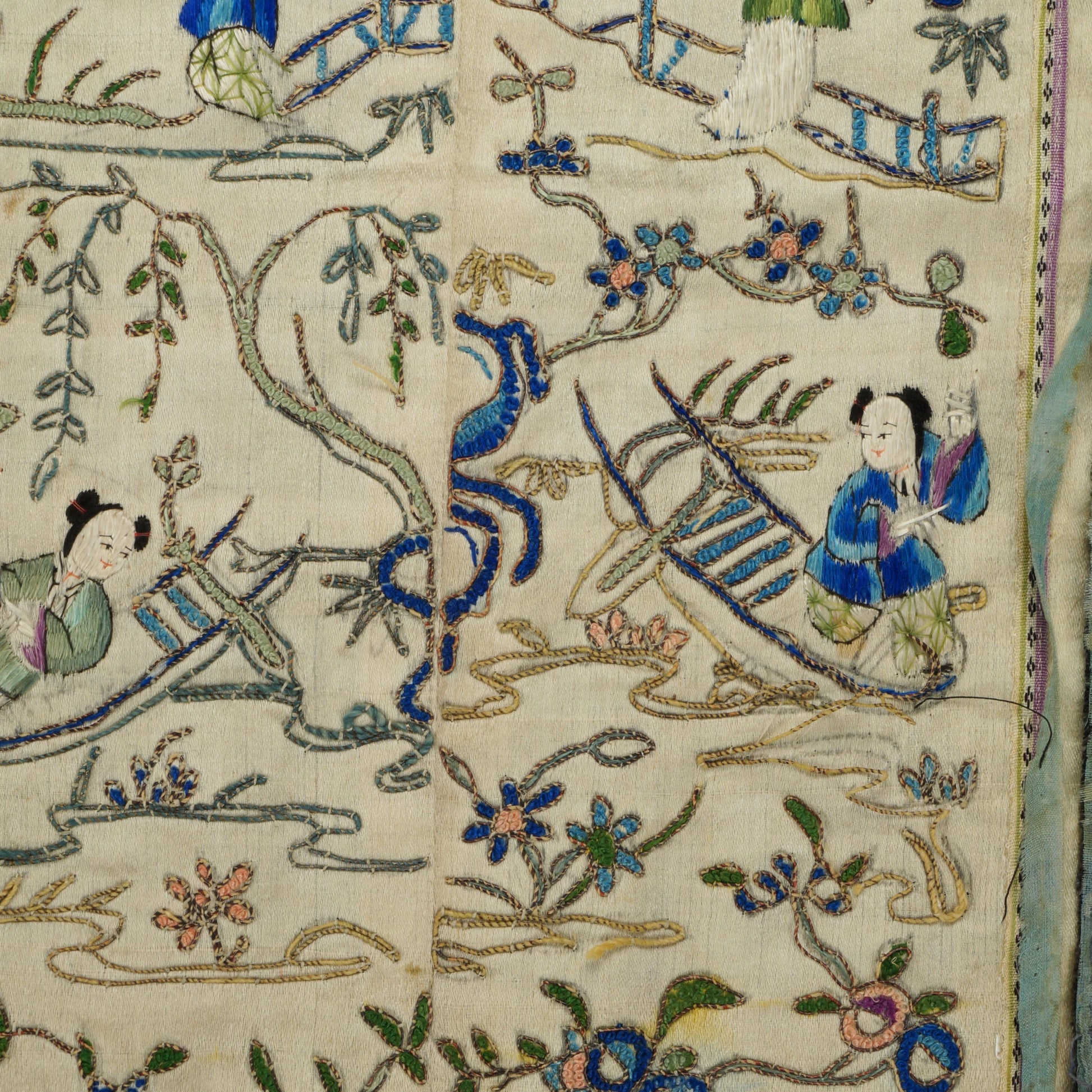 Chinese Embroidered Silk Sleeve Panels Beauties in Garden Late Qing - Bear and Raven Antiques