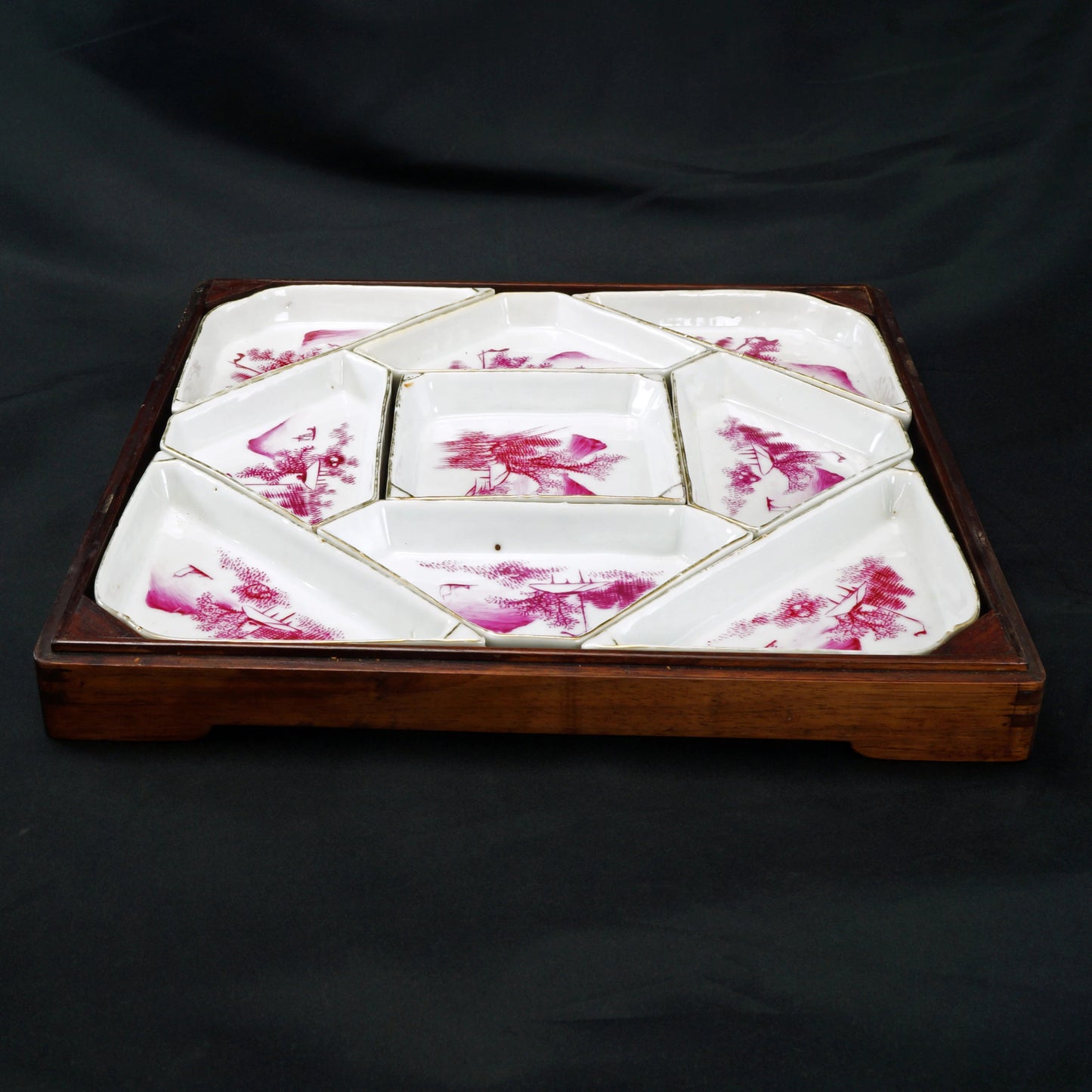 Chinese Nine - Section Sweetmeat Set in Rosewood Box 19th C - Bear and Raven Antiques