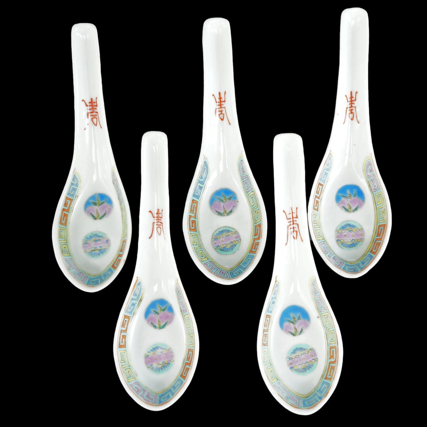 Chinese Polychrome Porcelain Spoons Qianlong Mark Republic Period Set of 5 - Bear and Raven Antiques