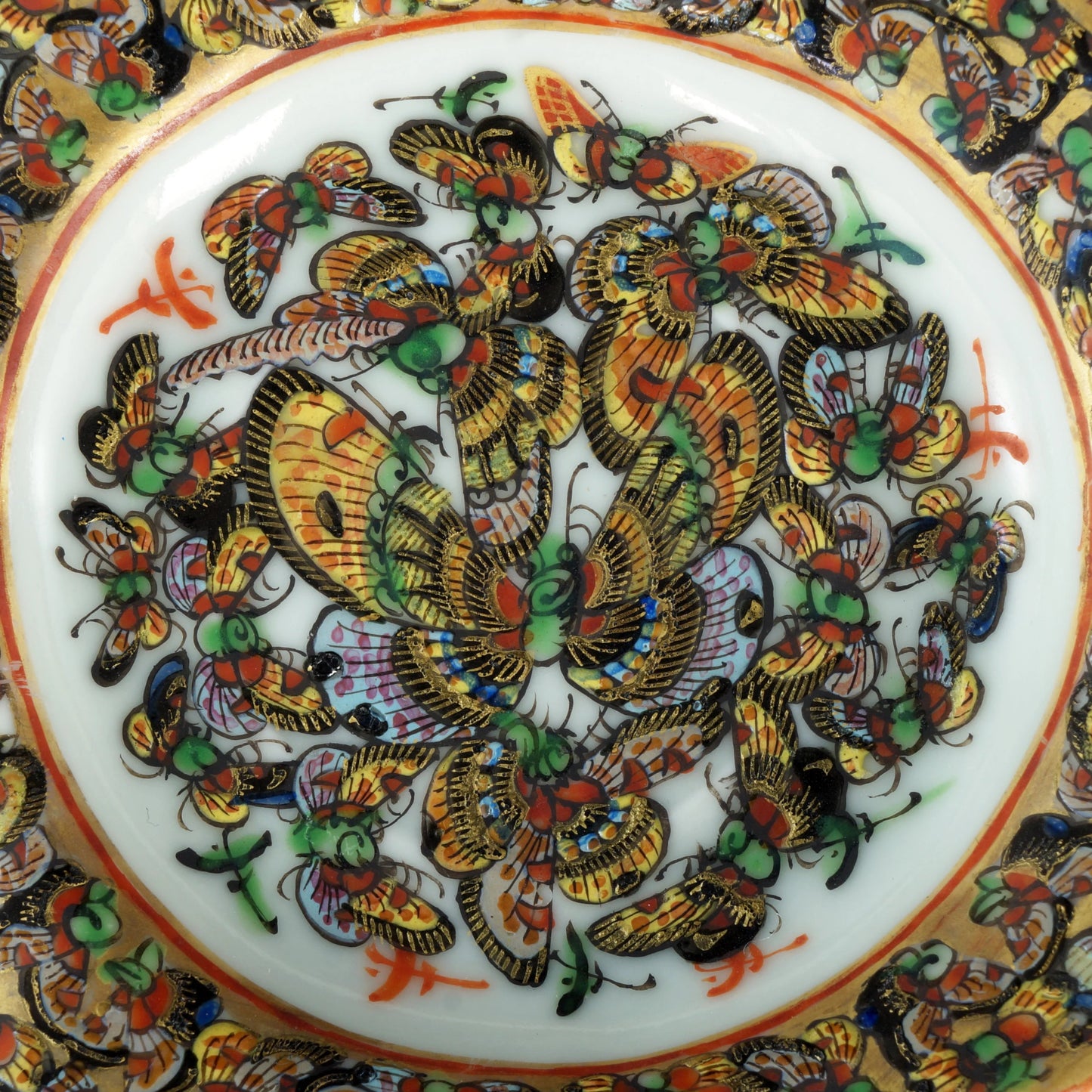 Chinese Polychrome Thousand Butterfly Teacup and Divided Saucer c 1900 - Bear and Raven Antiques