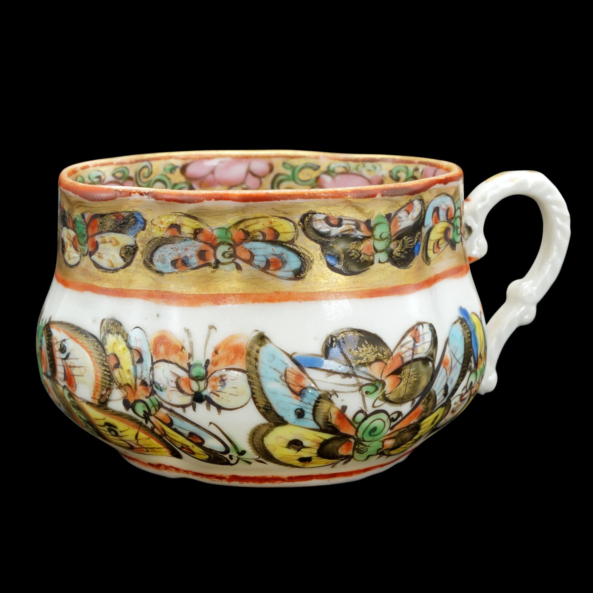 Chinese Polychrome Thousand Butterfly Teacup and Divided Saucer c 1900 - Bear and Raven Antiques