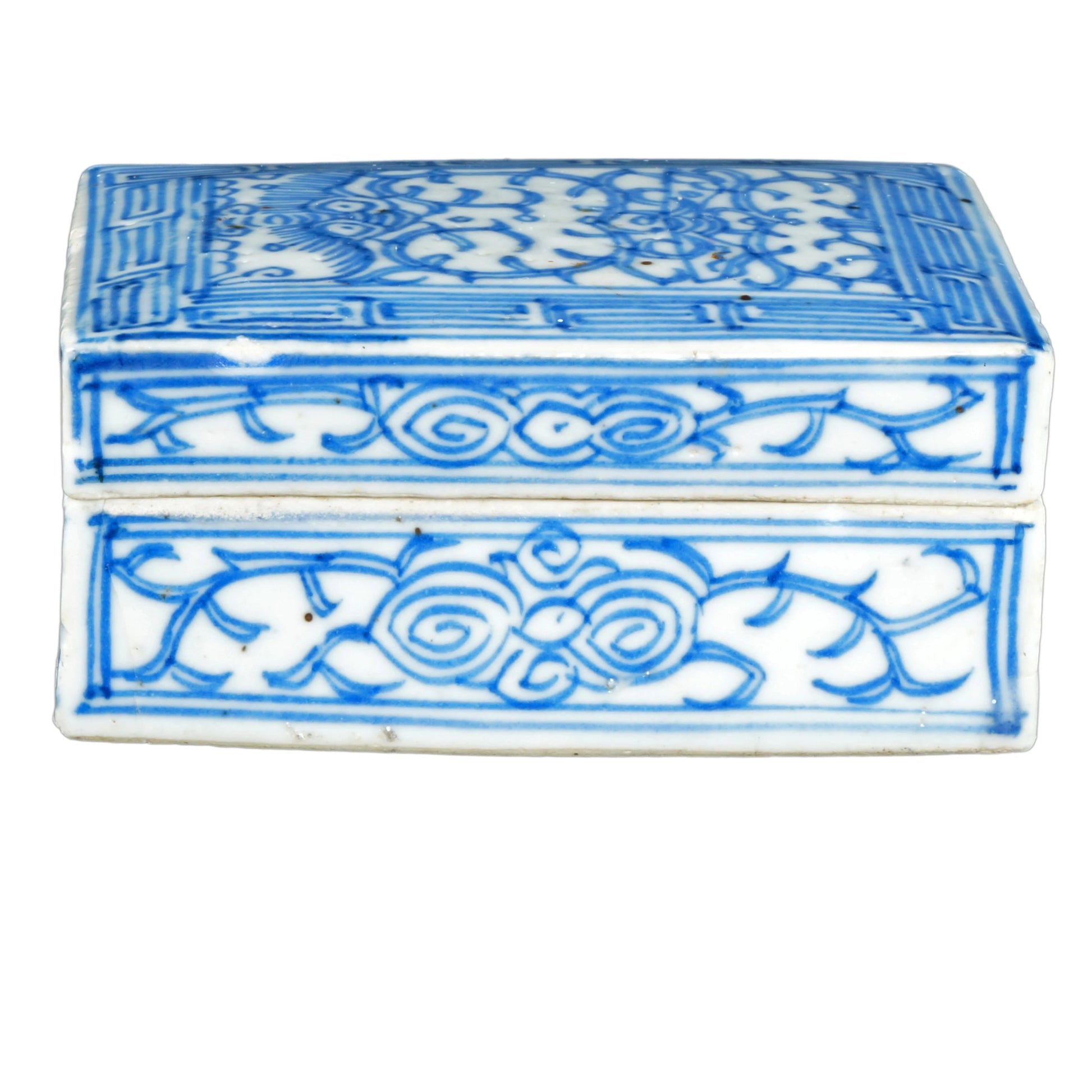 Chinese Porcelain Blue White Box with Lotus Scrolling 19th Century - Bear and Raven Antiques