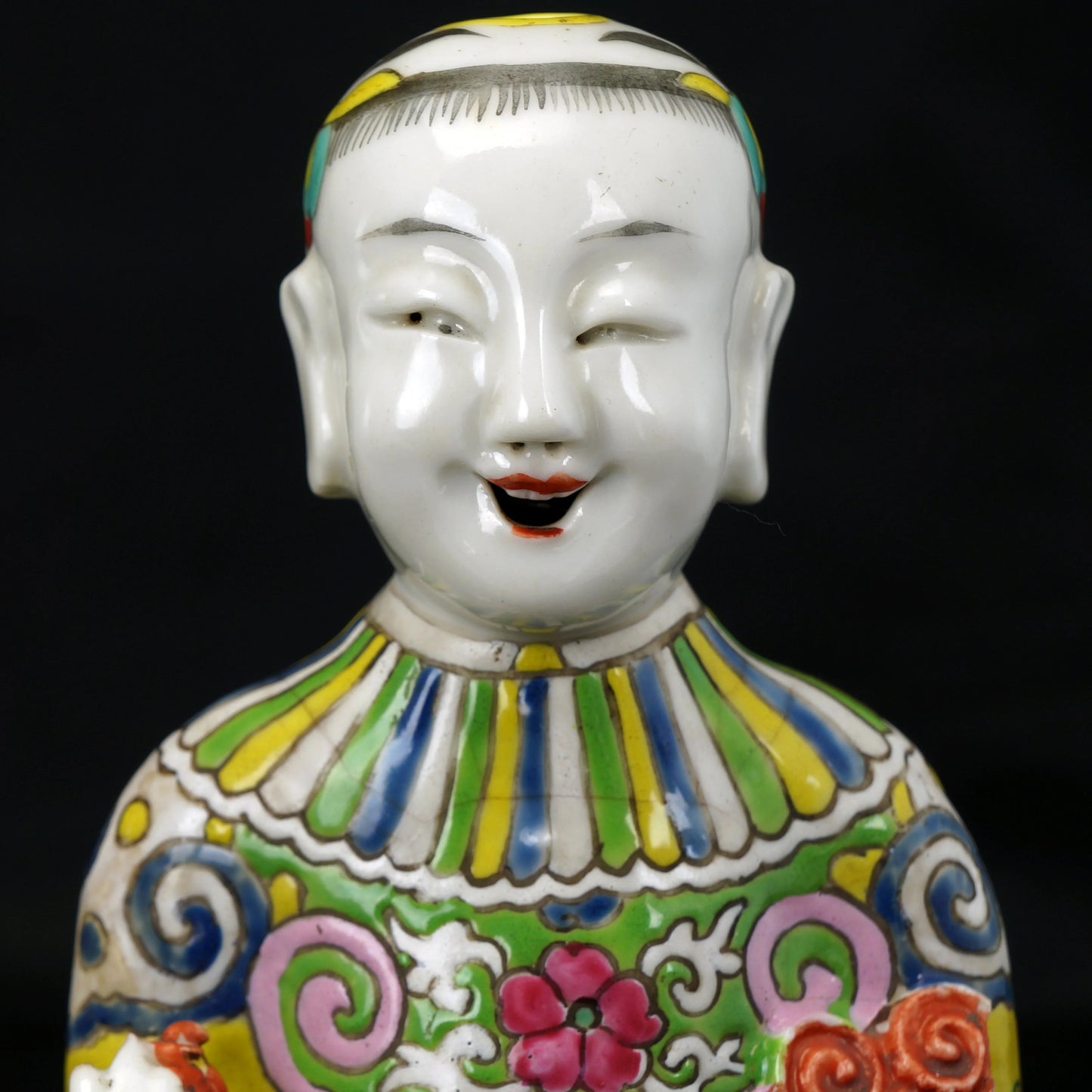 Chinese Qing Polychrome Jos Stick Holder Boy Kneeling 19th Century - Bear and Raven Antiques