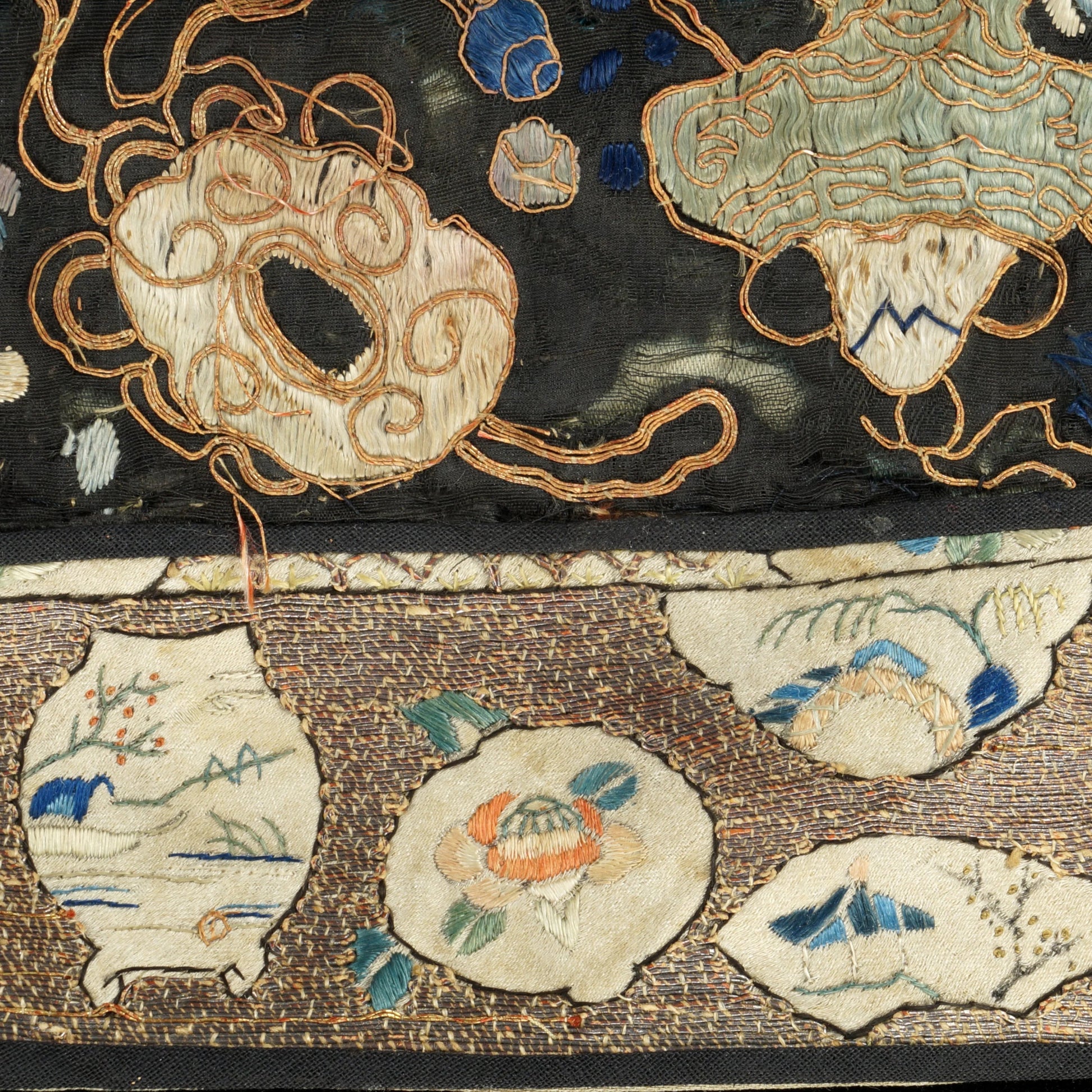 Chinese Silk Embroidered Panel with Embroidered Border Late Qing - Bear and Raven Antiques