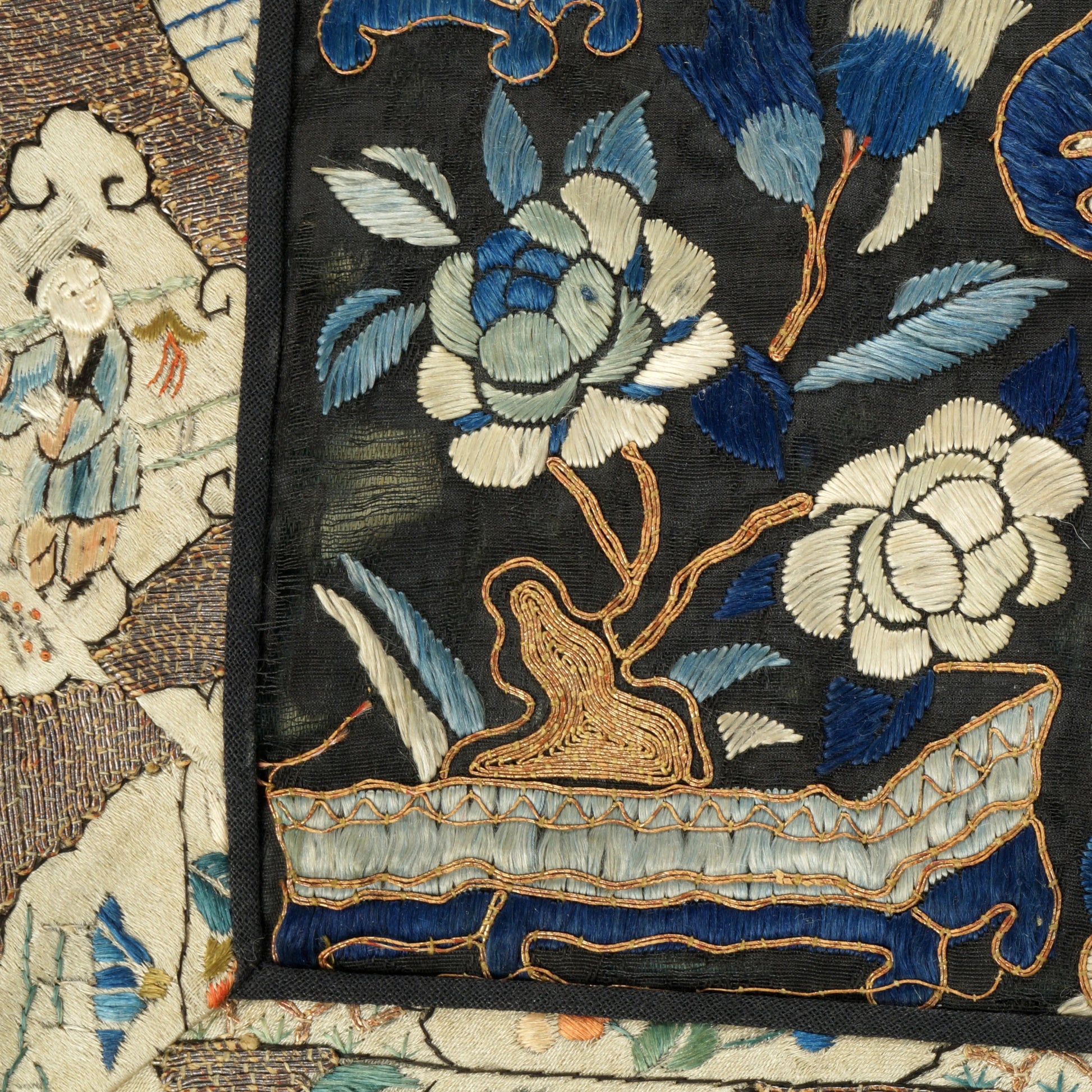 Chinese Silk Embroidered Panel with Embroidered Border Late Qing - Bear and Raven Antiques