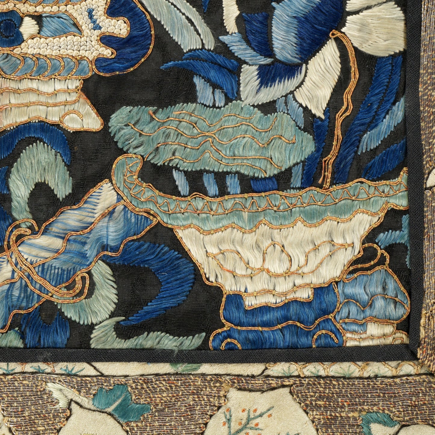 Chinese Silk Embroidered Panel with Embroidered Border Late Qing - Bear and Raven Antiques